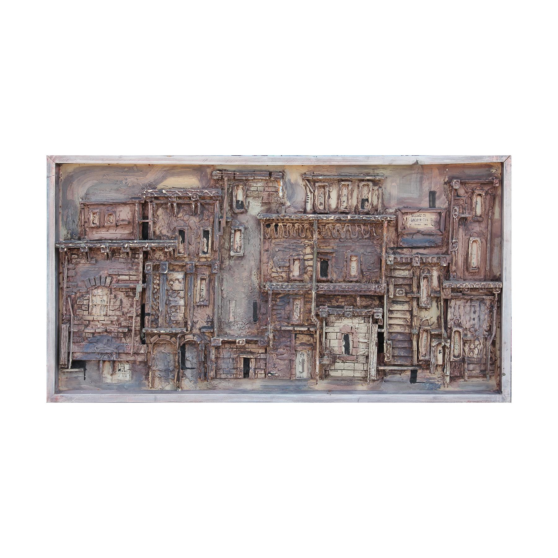 Unknown Landscape Painting - Long Horizontal Brown Toned Wooden Painted Wall Sculpture of a Town Landscape