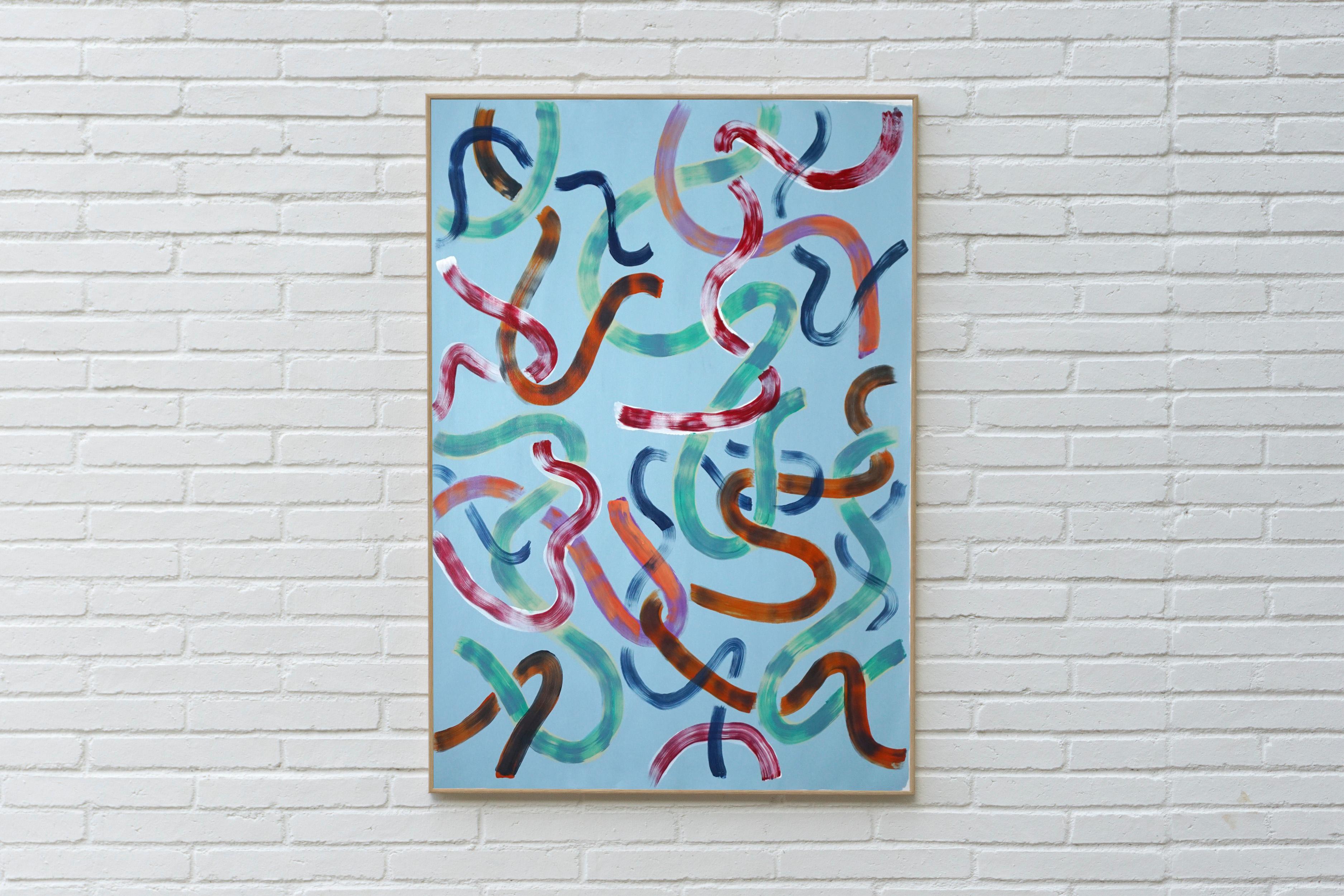 Peinture acrylique sur papier « Loose Strokes on Sky Blue », motifs de gestes abstraits - Painting de Unknown