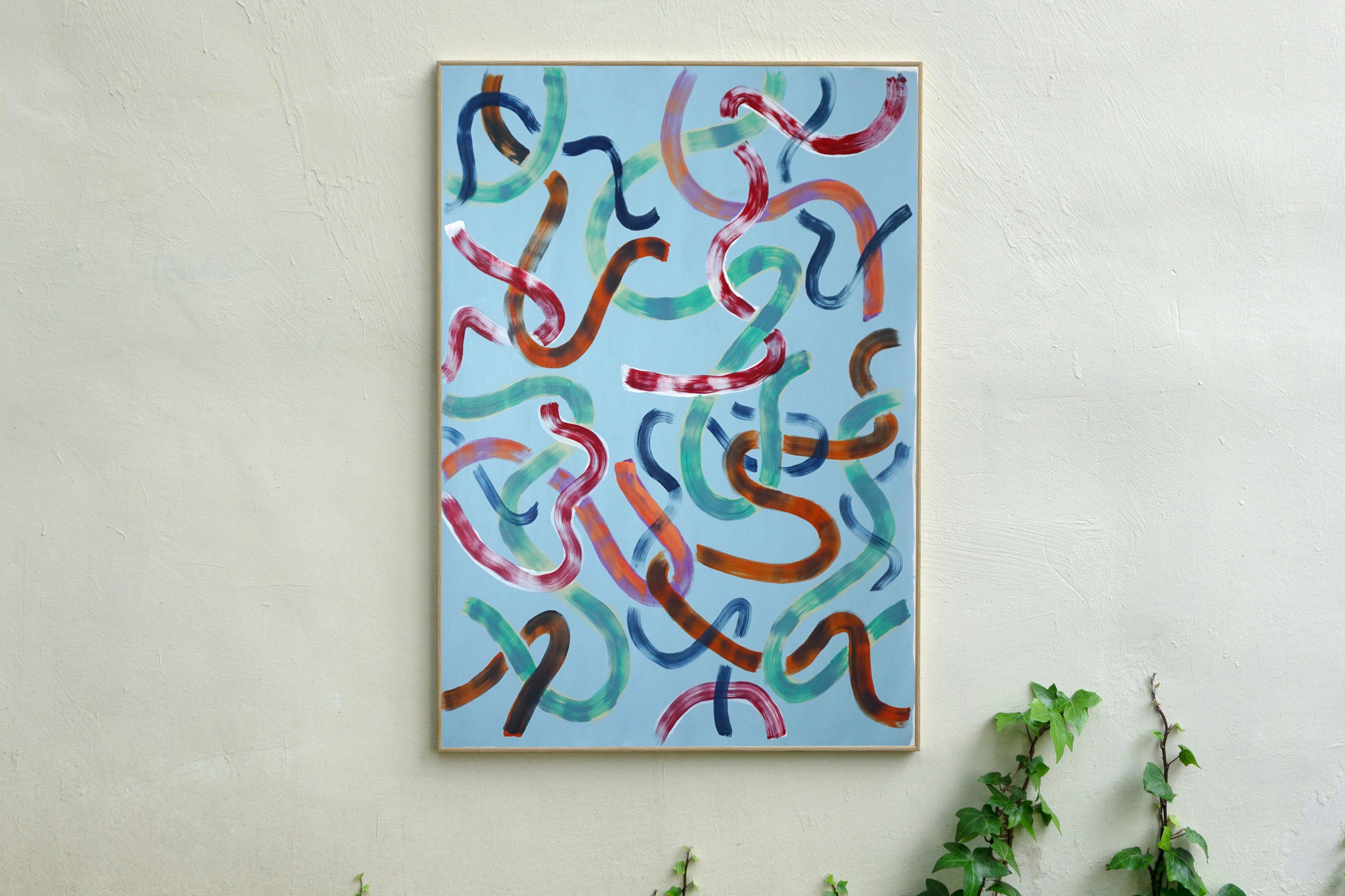 Peinture acrylique sur papier « Loose Strokes on Sky Blue », motifs de gestes abstraits en vente 1