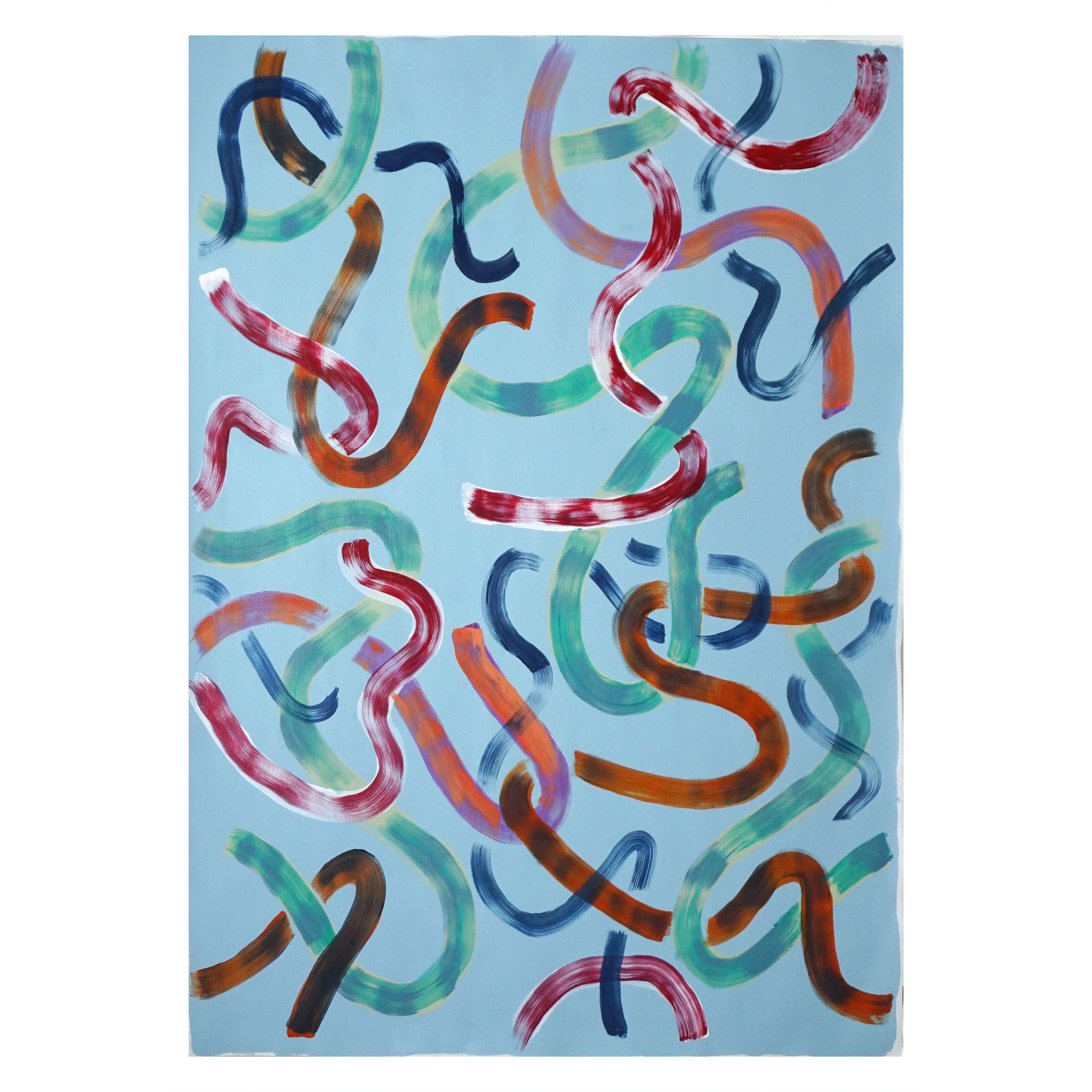 Loose Strokes on Sky Blue, Abstract Gestures Patterns, Acrylic Painting on Paper