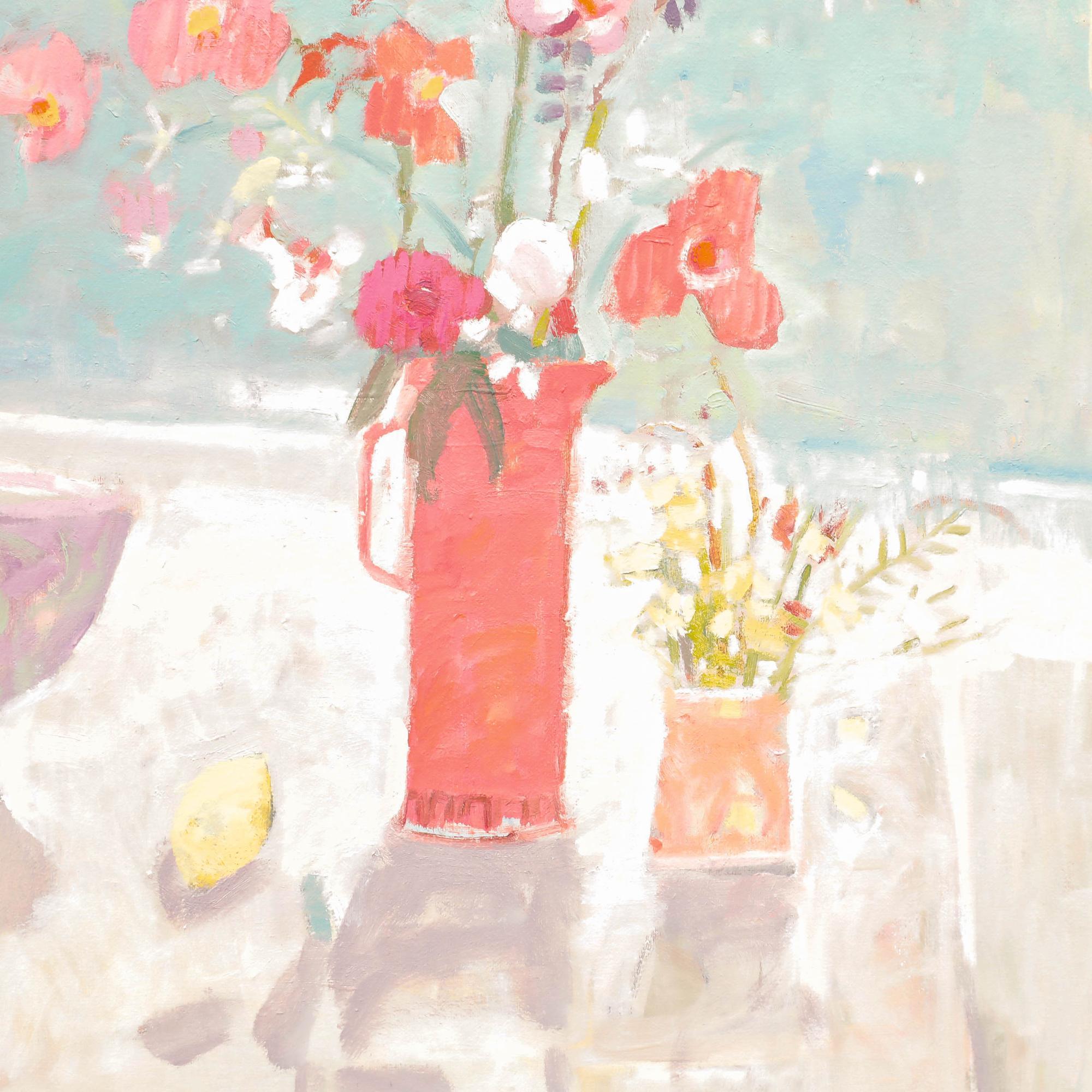 An original oil painting by Lorraine Brown, depicting a still life of flowers and fruit in a sun-lit window sill, with views of the sea. Well presented in a complementing contemporary style frame. Acquired with letter of provenance from the artist's