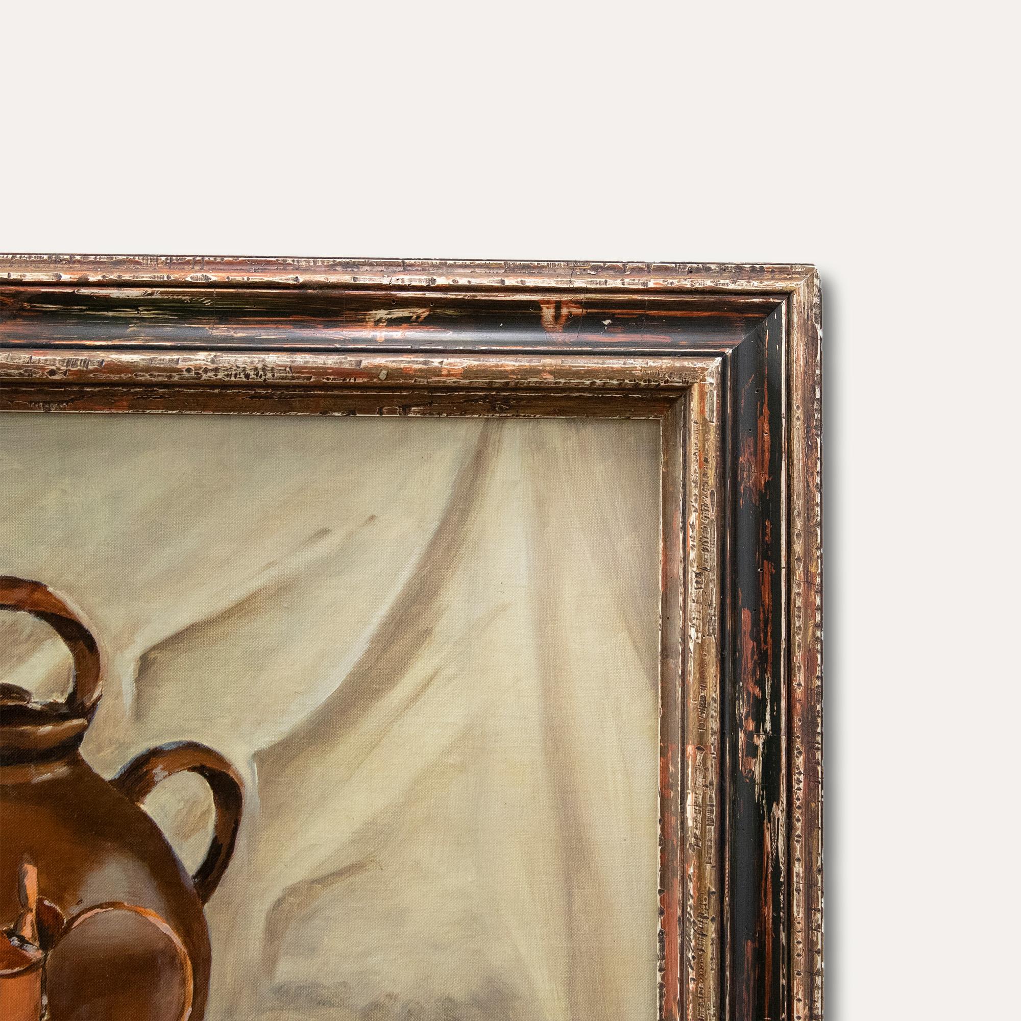 A striking still life composition of a copper and terracotta jug with orchard apples on linen. Well presented in a distressed frame with the artist's signature and date inscribed to the reverse. On canvas board.