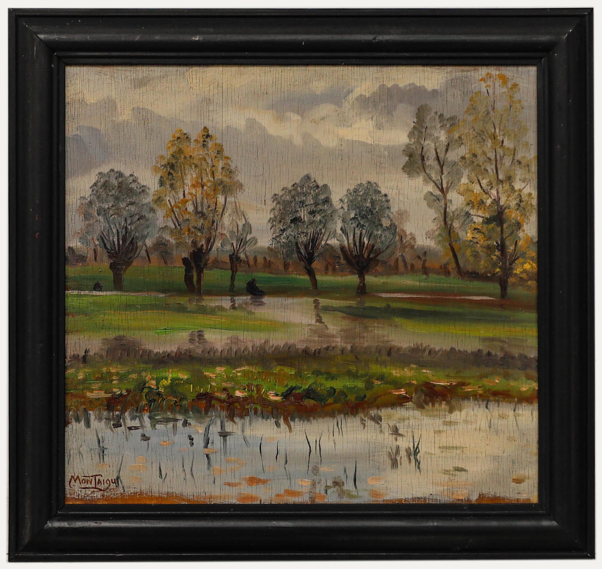 Landscape Painting de Unknown - Louis Montaigu (1905-1988) - Óleo enmarcado de mediados del siglo XX, Después de la lluvia