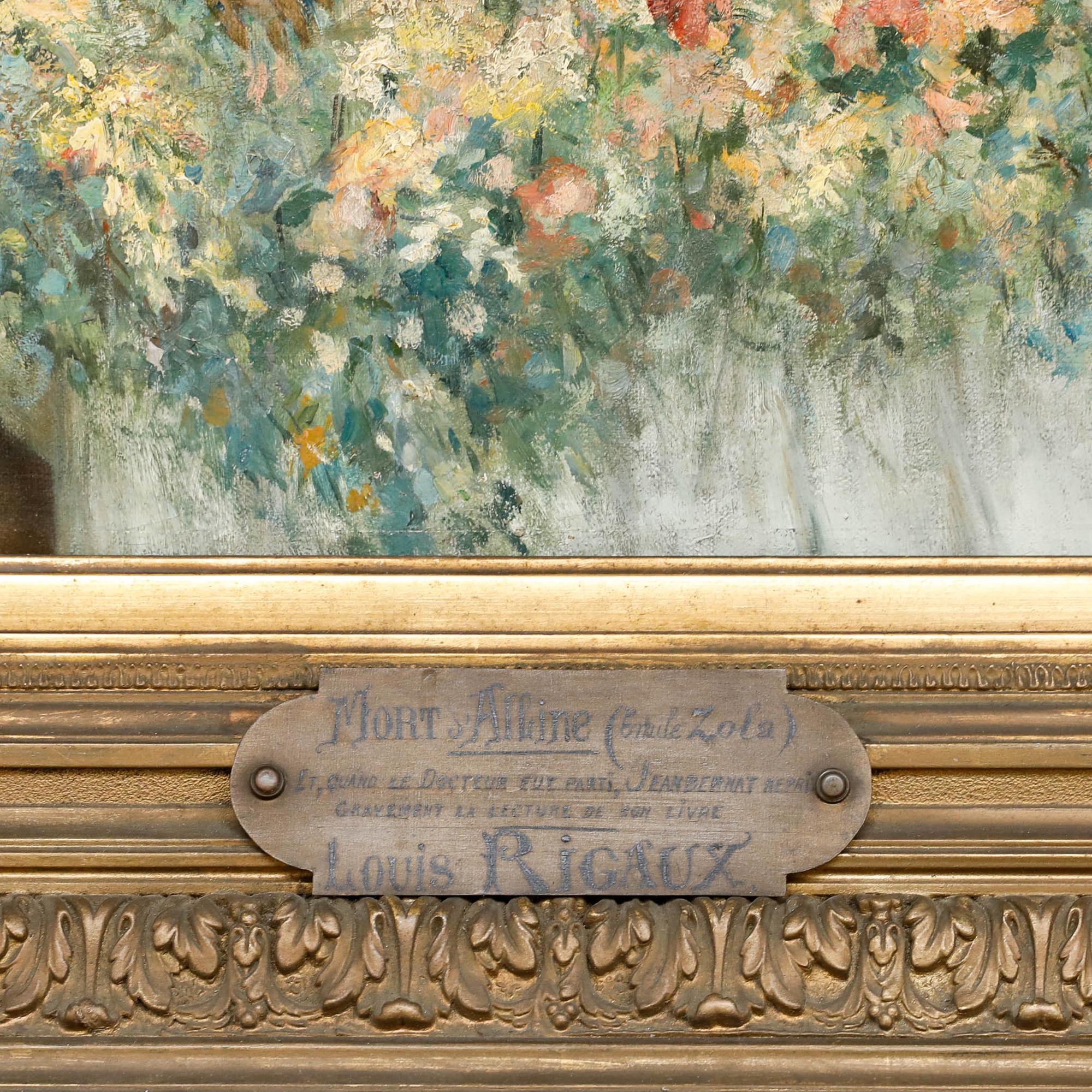 Scène peinte de manière complexe représentant la mort d'Alline, un personnage des romans de l'écrivain Emile Zola. L'artiste a capturé Alline entourée de fleurs, se faisant faire la lecture par un gentleman.

Signé en bas à droite. Inscrit sur la