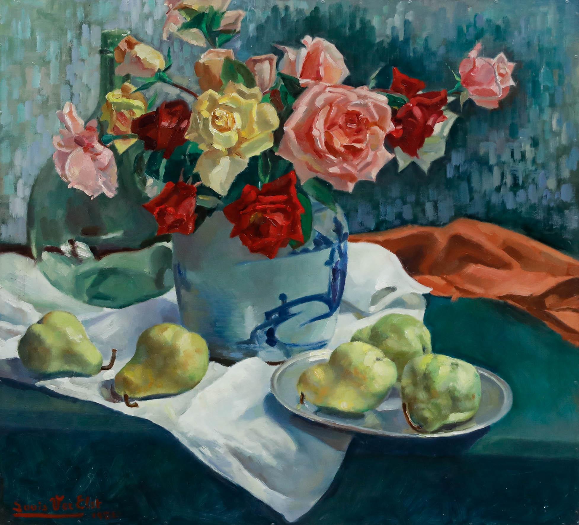 Louis Ver Elst - Framed 1922 Oil, Roses and Pears - Painting by Unknown