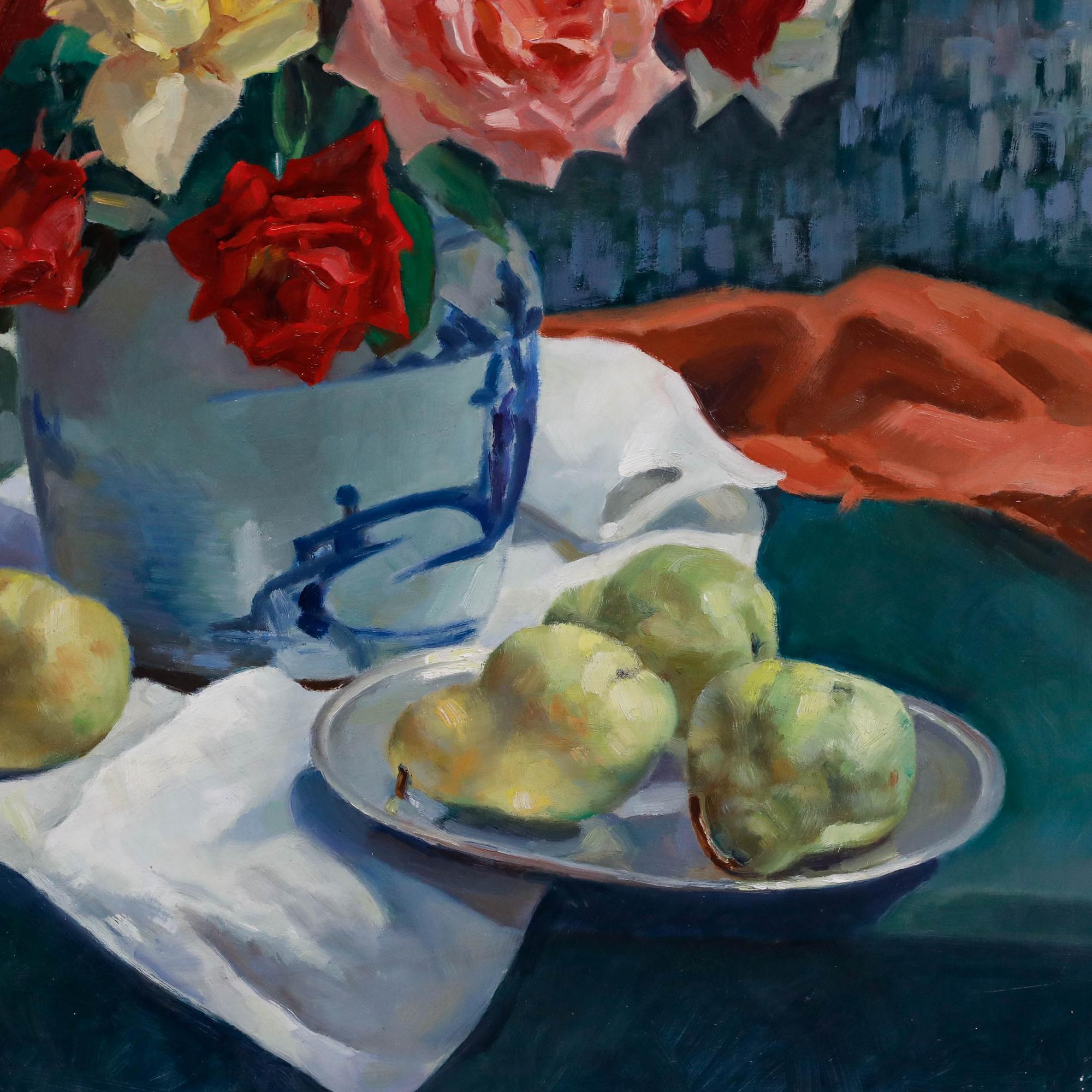 A vibrant still life featuring a vase of roses and pears. Ver Elst employs bold yet meticulous brushwork, and renders the background in a patchwork of blue tones. Signed and date to the lower left. Well presented in a rustic gilt-effect frame with a