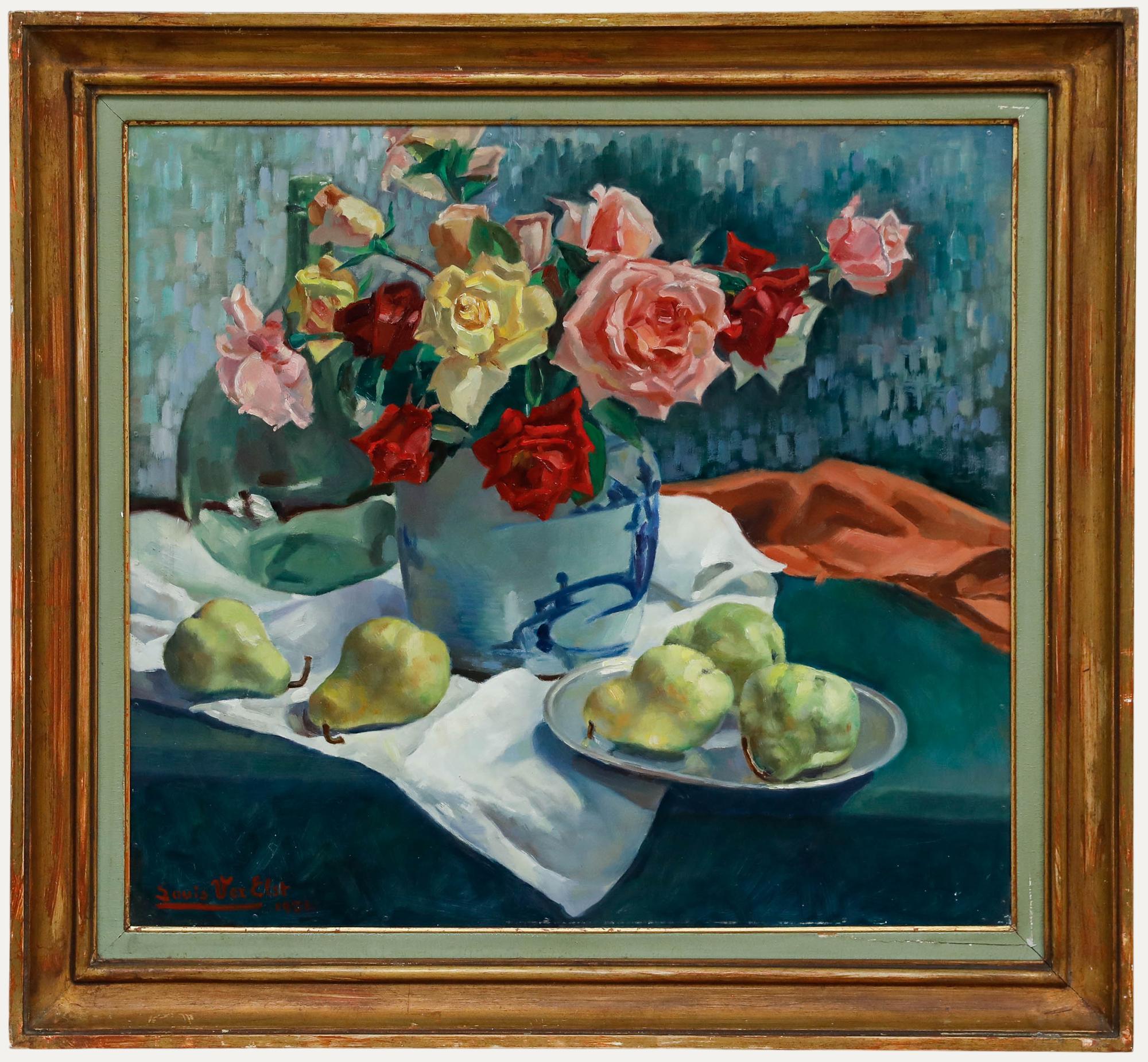 Unknown Still-Life Painting - Louis Ver Elst - Framed 1922 Oil, Roses and Pears