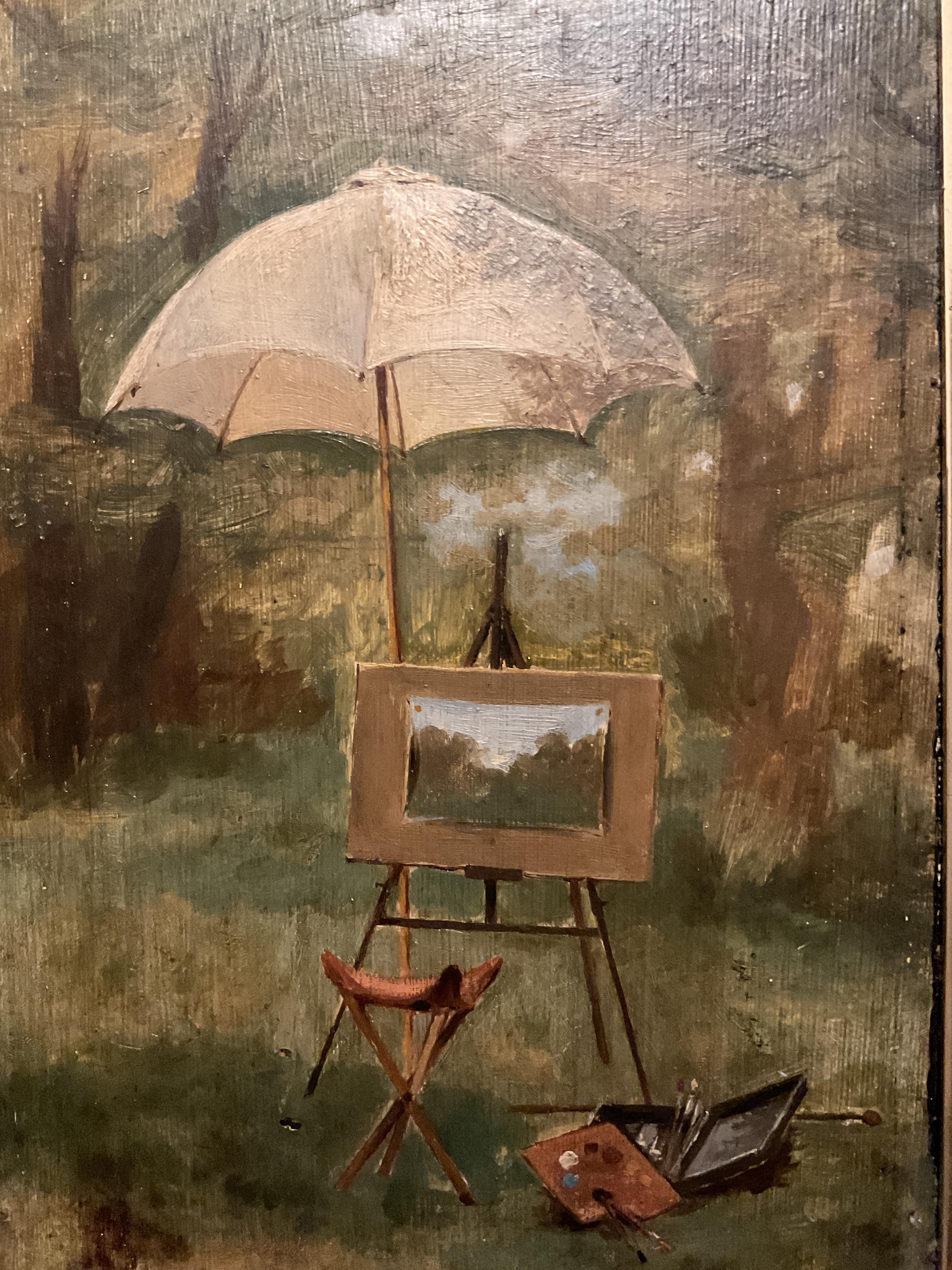 Lovely 19th Century American Artist’s Easel “en Plein Air” Oil on Board, ca 1890 - Painting by Unknown