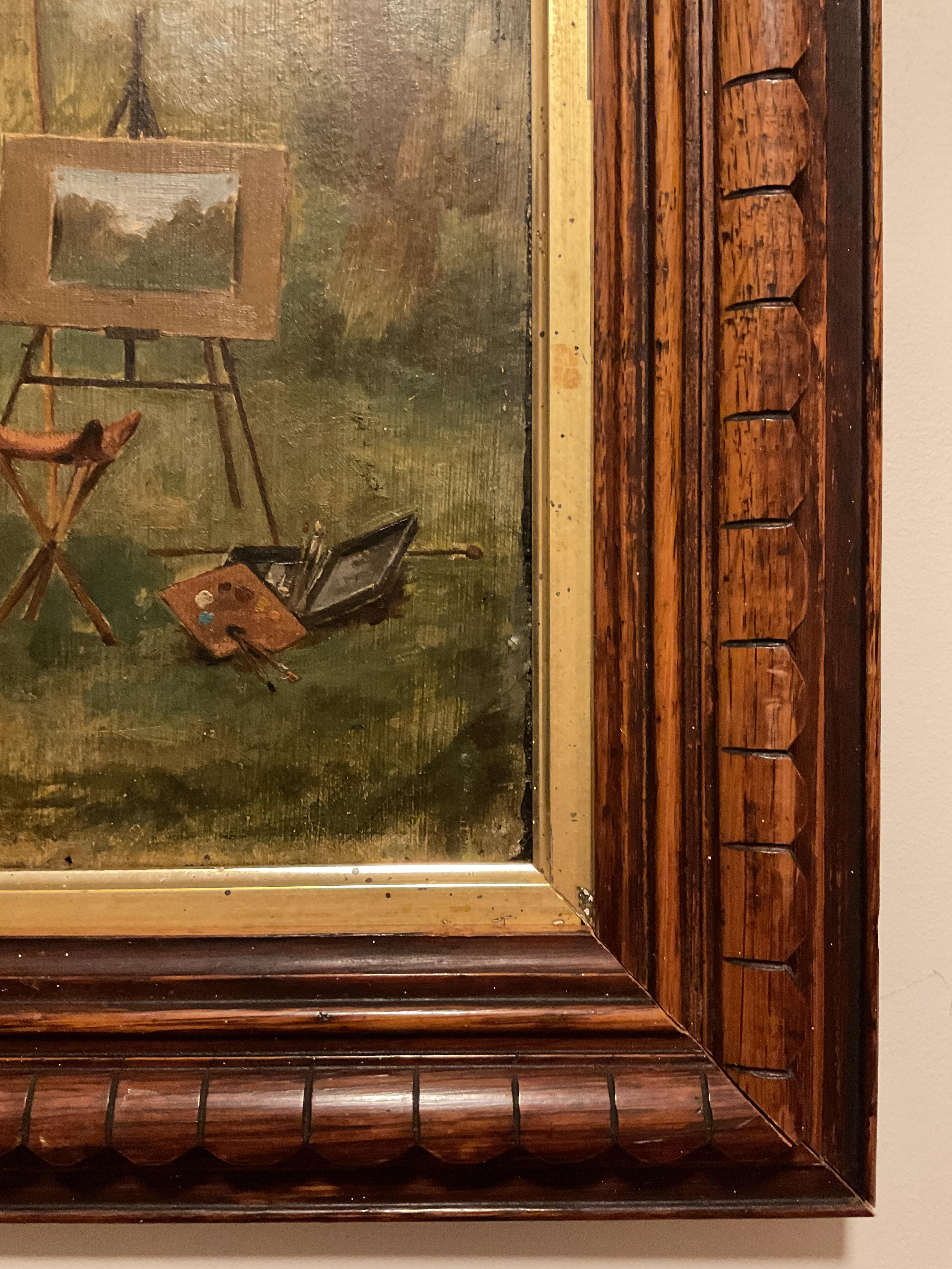 Lovely 19th Century American Artist’s Easel “en Plein Air” Oil on Board, ca 1890 - Brown Landscape Painting by Unknown