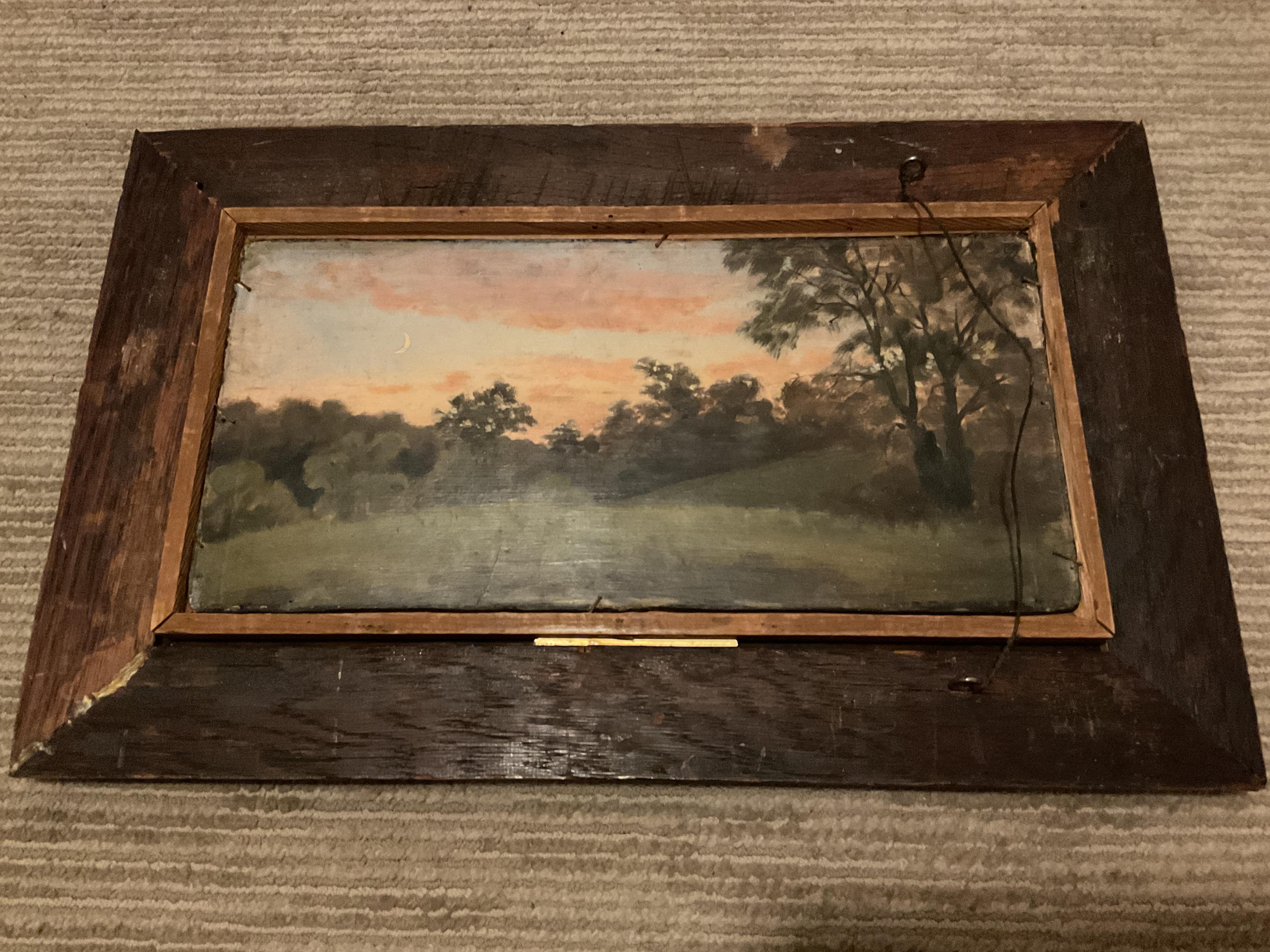 A late 19th century American School two-sided landscape painting by an unknown artist, this oil on board has two decidedly different scenes that are each lovely to view. The most unusual is the artist’s plein air set-up in a landscape. The easel,