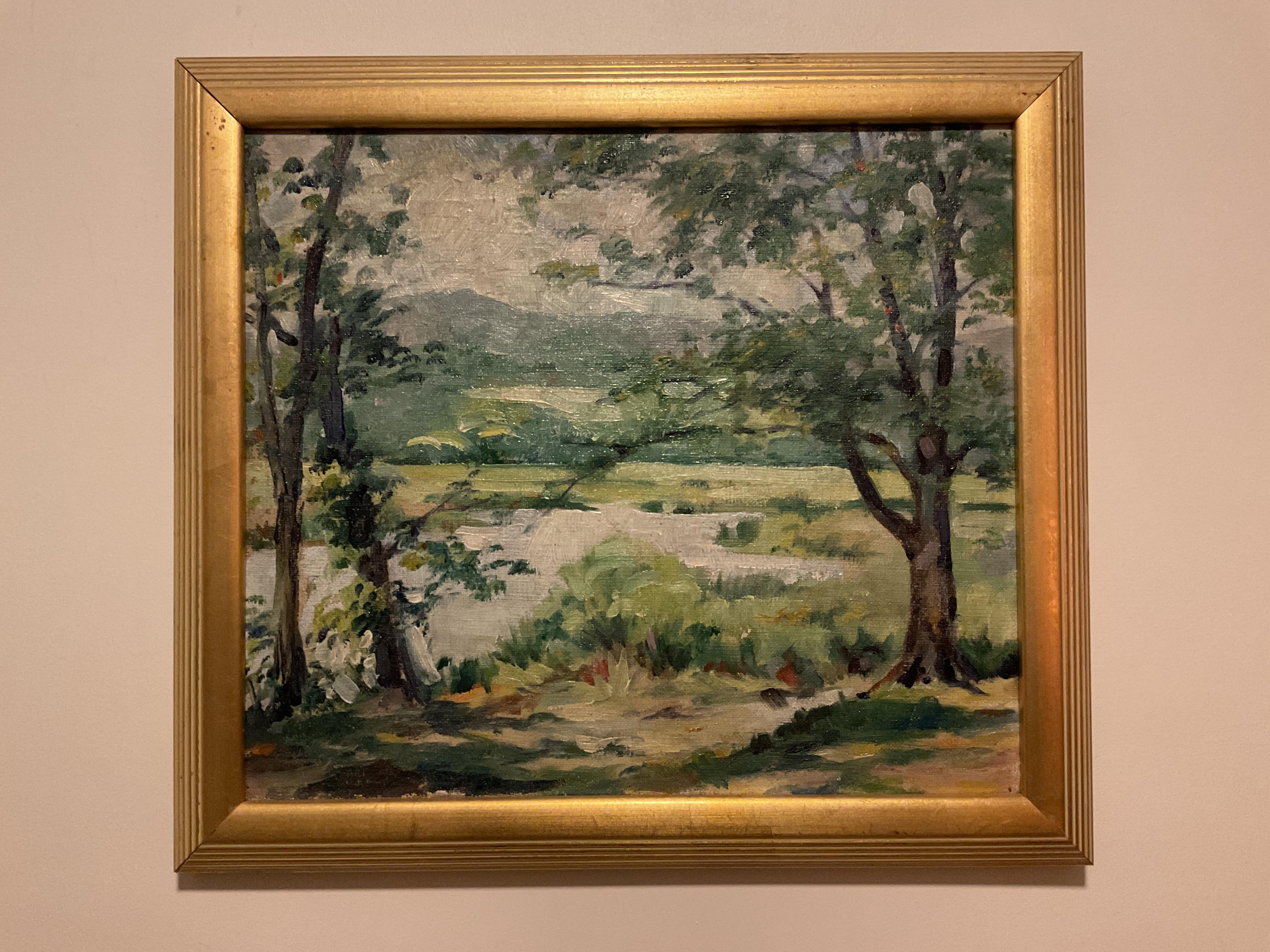 Unknown Landscape Painting - Lovely American Impressionist Summer Landscape Oil on Canvas ca 1920’s, Unsigned