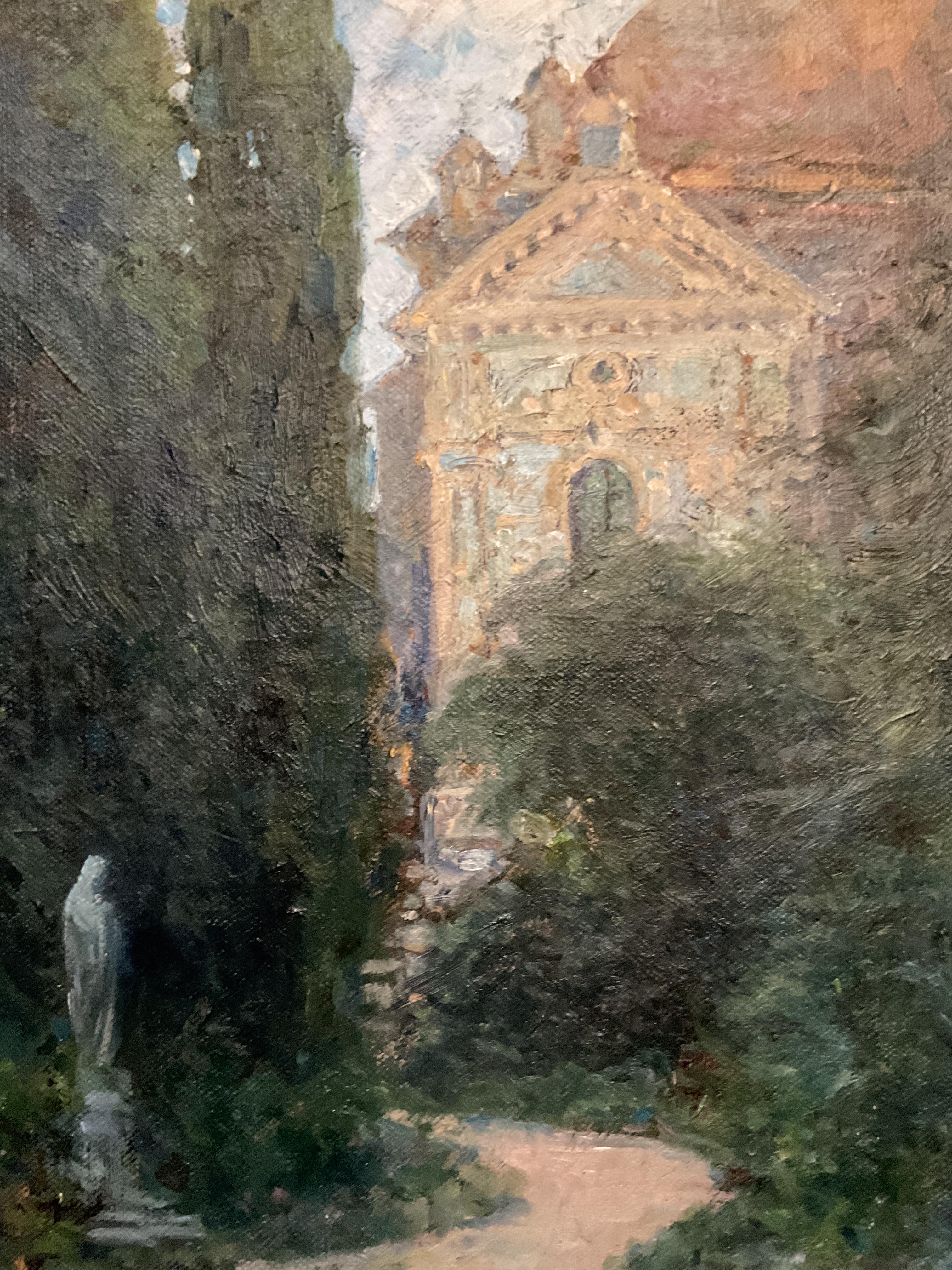 Although seemingly unsigned, this European Cathedral setting was painted by a well-trained artist.  It dates to around 1920, about one hundred years ago.  The summer scene is a back garden to a large cathedral and probably in Italy.  Often, European