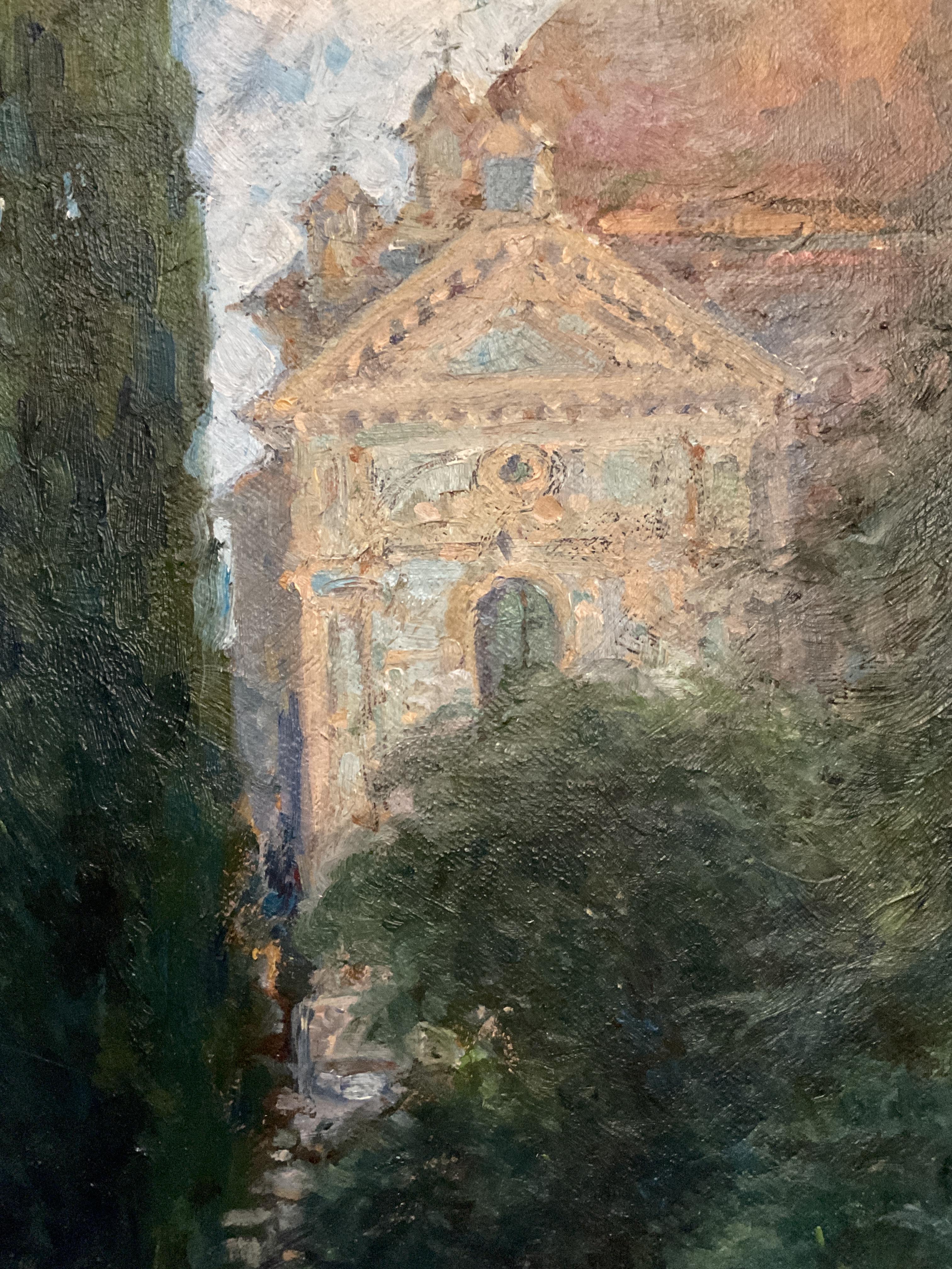 Although seemingly unsigned, this European Cathedral setting was painted by a well-trained artist.  It dates to around 1920, about one hundred years ago.  The summer scene is a back garden to a large cathedral and probably in Italy.  Often, European