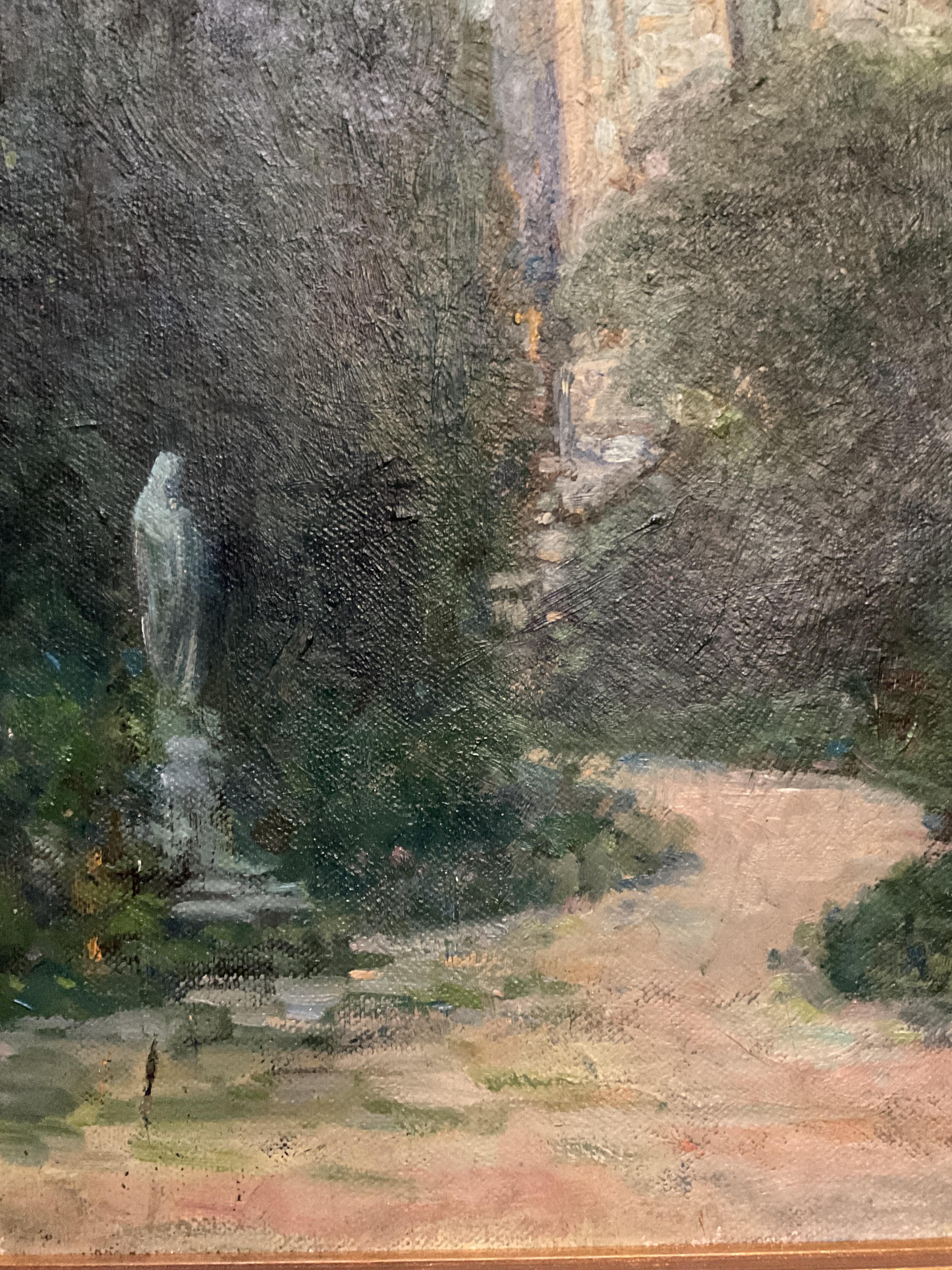 Lovely Antique European Cathedral Garden Oil Painting, Unsigned, ca 1920 1