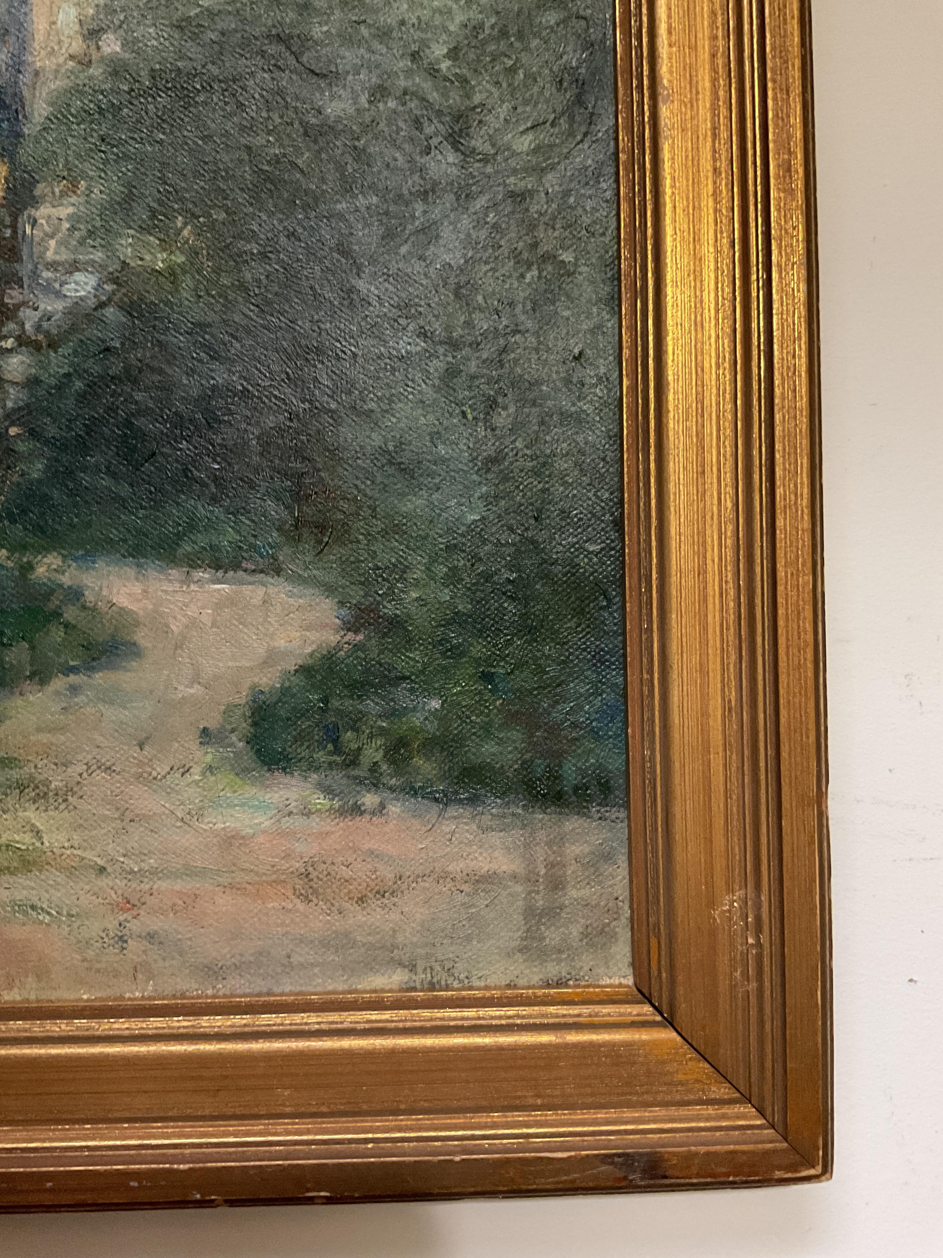 Lovely Antique European Cathedral Garden Oil Painting, Unsigned, ca 1920 2