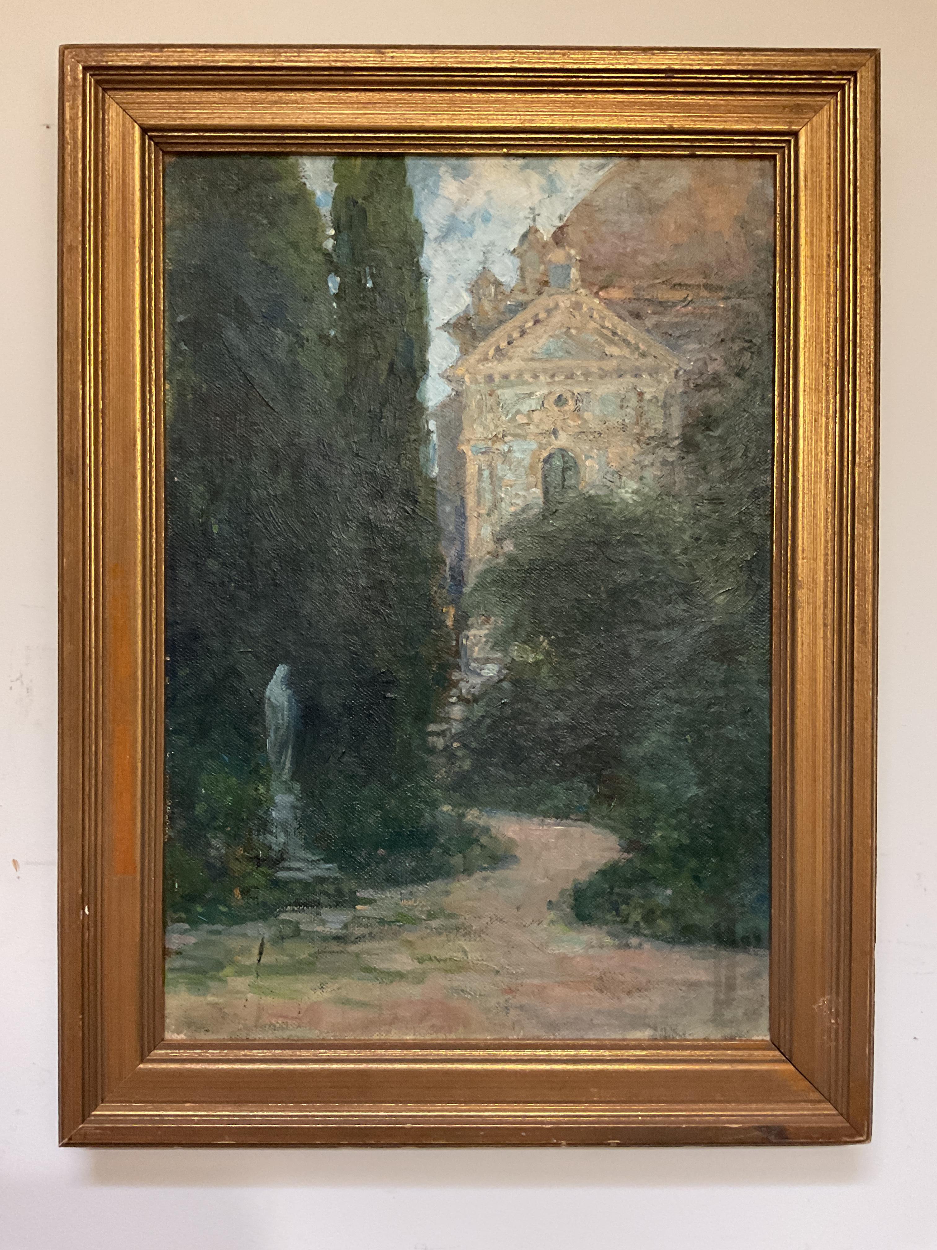 Unknown Landscape Painting - Lovely Antique European Cathedral Garden Oil Painting, Unsigned, ca 1920