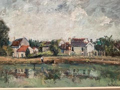 Charmante huile sur toile post-impressionniste d'un village français, signée et datée 1952