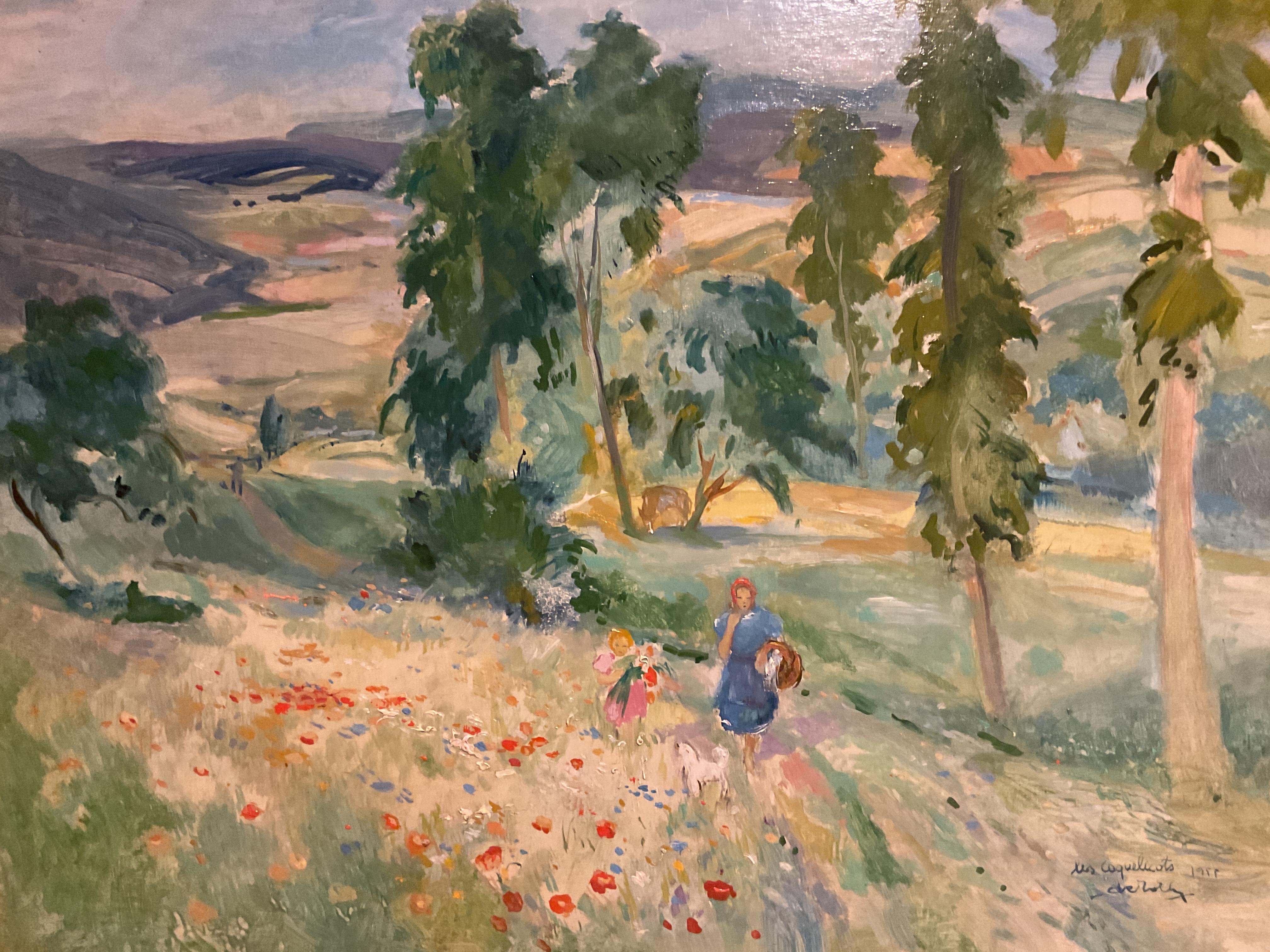 Grazioso dipinto di paesaggio post-impressionista francese vintage (?) - Raccolta di papaveri - Painting di Unknown