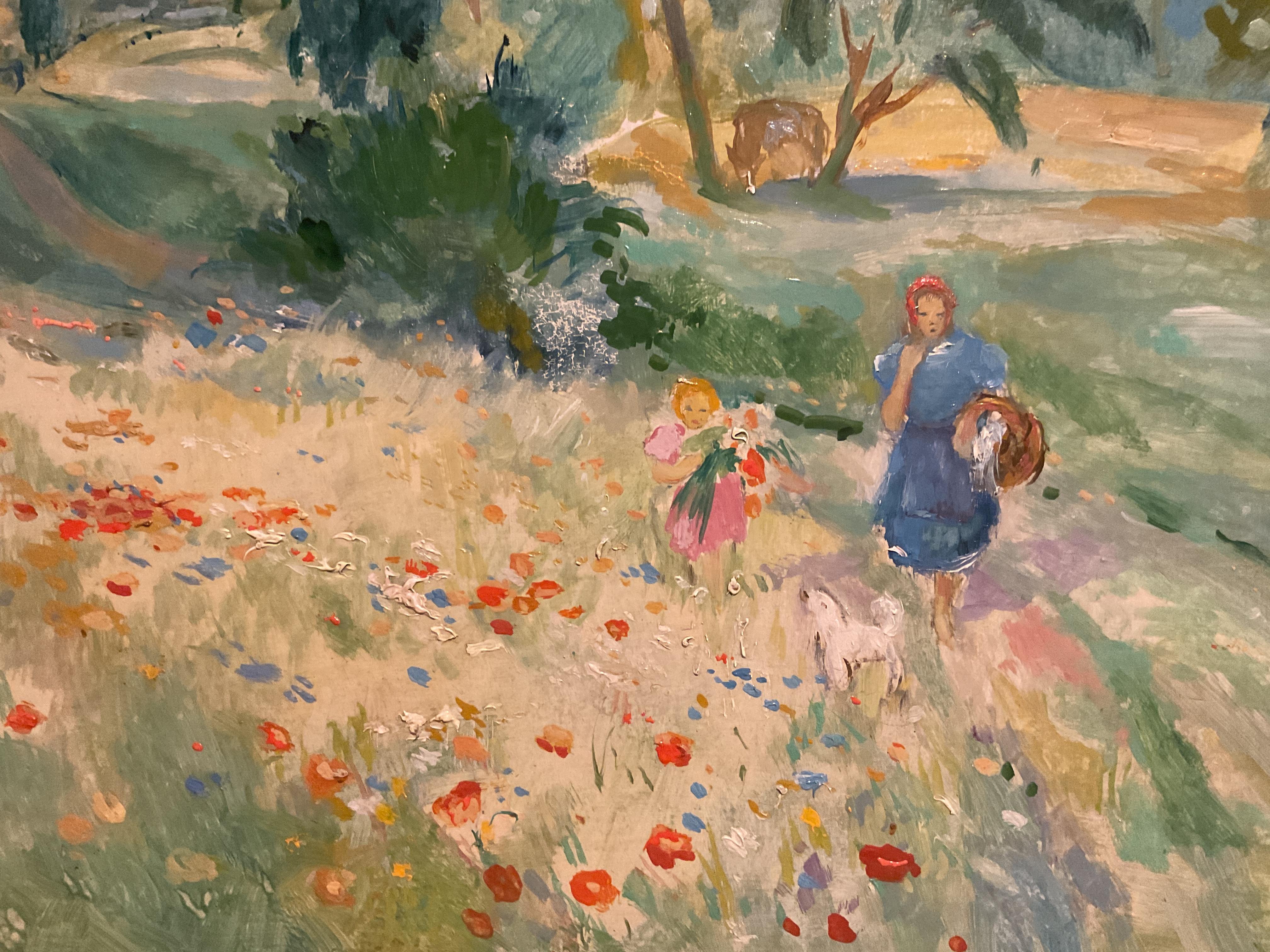 Grazioso dipinto di paesaggio post-impressionista francese vintage (?) - Raccolta di papaveri - Landscape Painting Marrone di Unknown