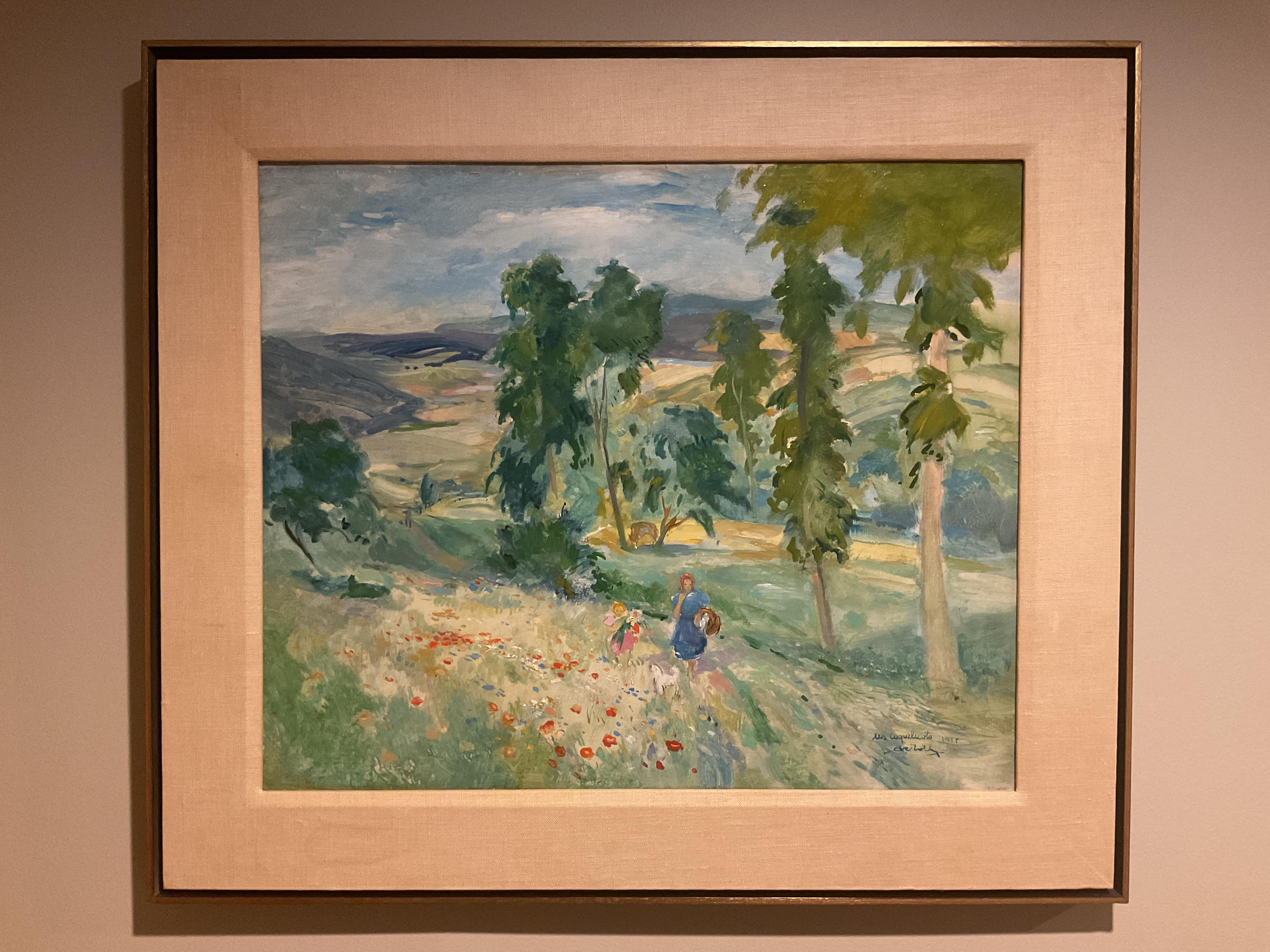 Landscape Painting di Unknown - Grazioso dipinto di paesaggio post-impressionista francese vintage (?) - Raccolta di papaveri