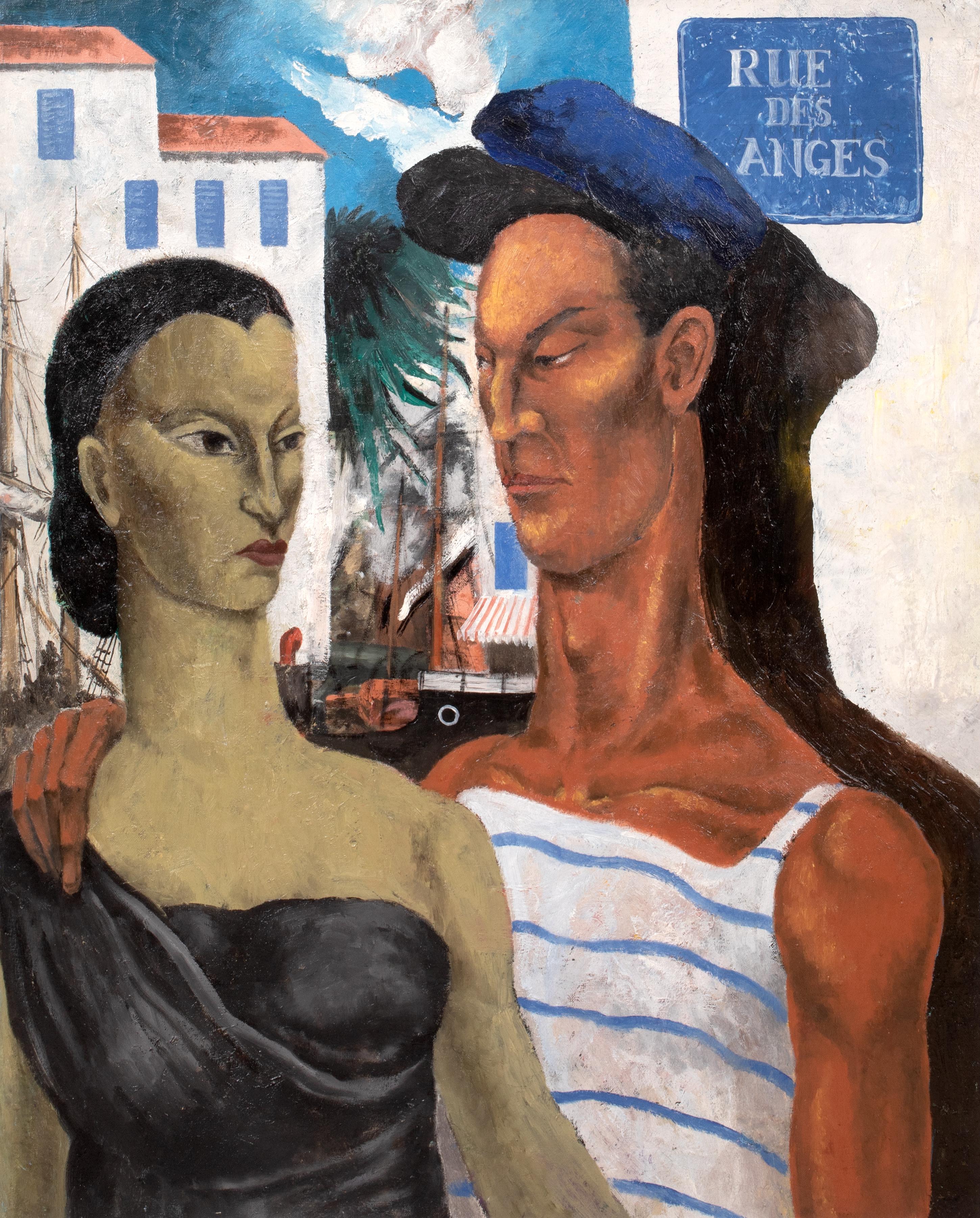 Lovers At Rue De Anges Villeneuve-Loubet, circa 1920

Large circa 1920 portrait of two French Lovers at Rue De Anges, Villeneuve-Loubet, oil on canvas. Superb quality and condition portrait of a sailor and his lover in the street of