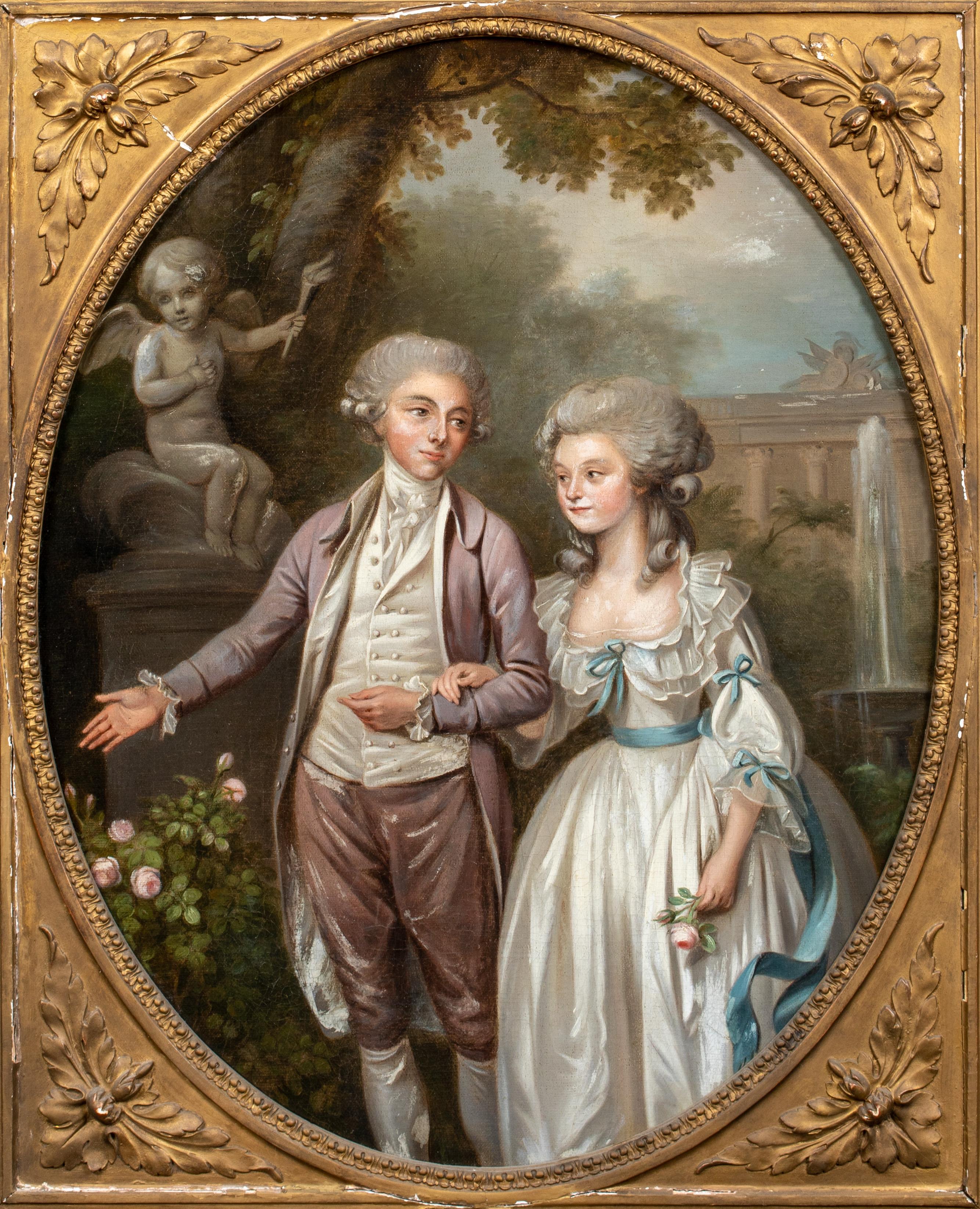 Lovers In The Garden, 18ème siècle - Marron Landscape Painting par Unknown
