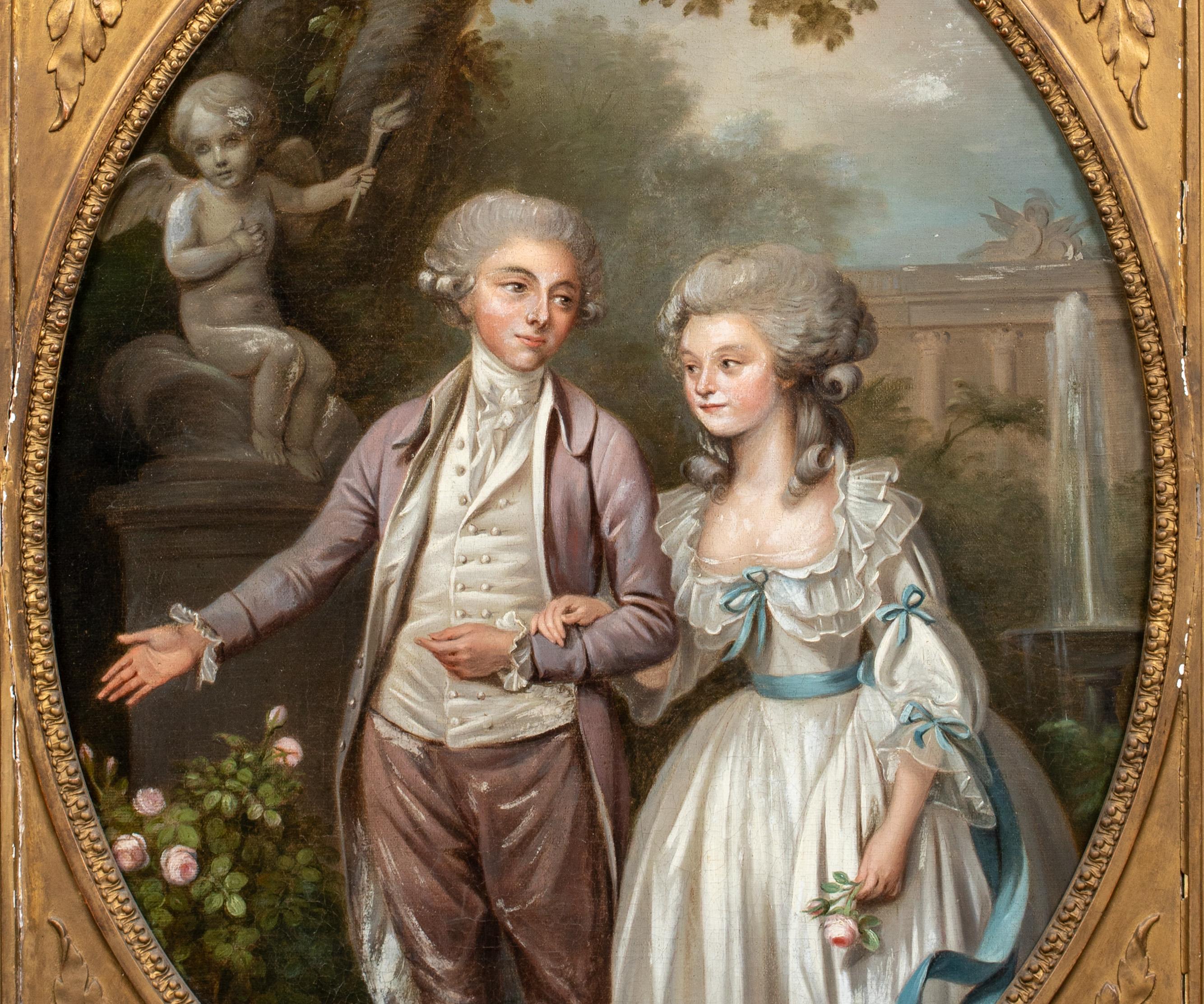 Amoureux dans le jardin, 18ème siècle

École d'anglais 

Grand portrait de l'école anglaise du XVIIIe siècle représentant un mari et une femme dans un jardin à l'italienne, huile sur toile. Portrait et pièce d'époque d'excellente qualité et
