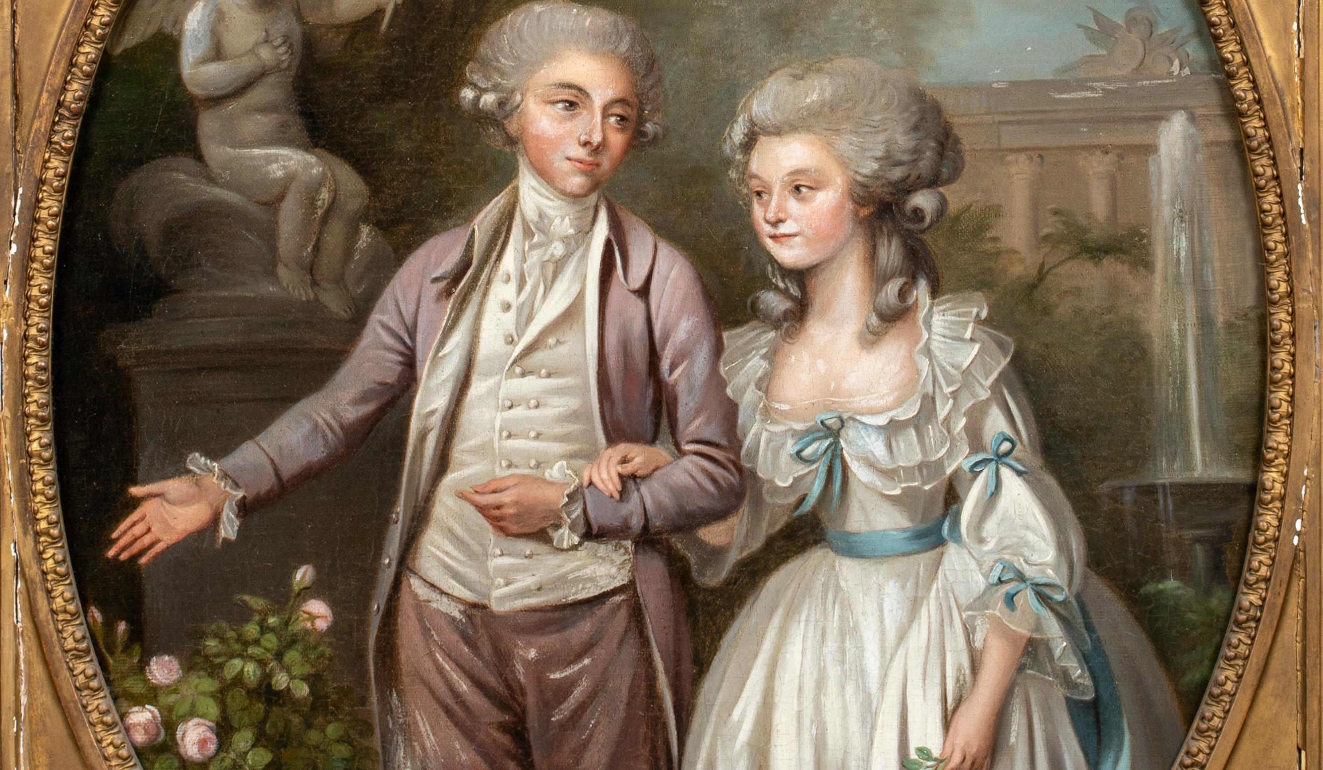 Lovers In The Garden, 18th Century

English School 

Large 18th Century English School portrait of a husband and wife in an Italianate garden, oil on canvas. Excellent quality and condition portrait and period piece presented in its original gilt