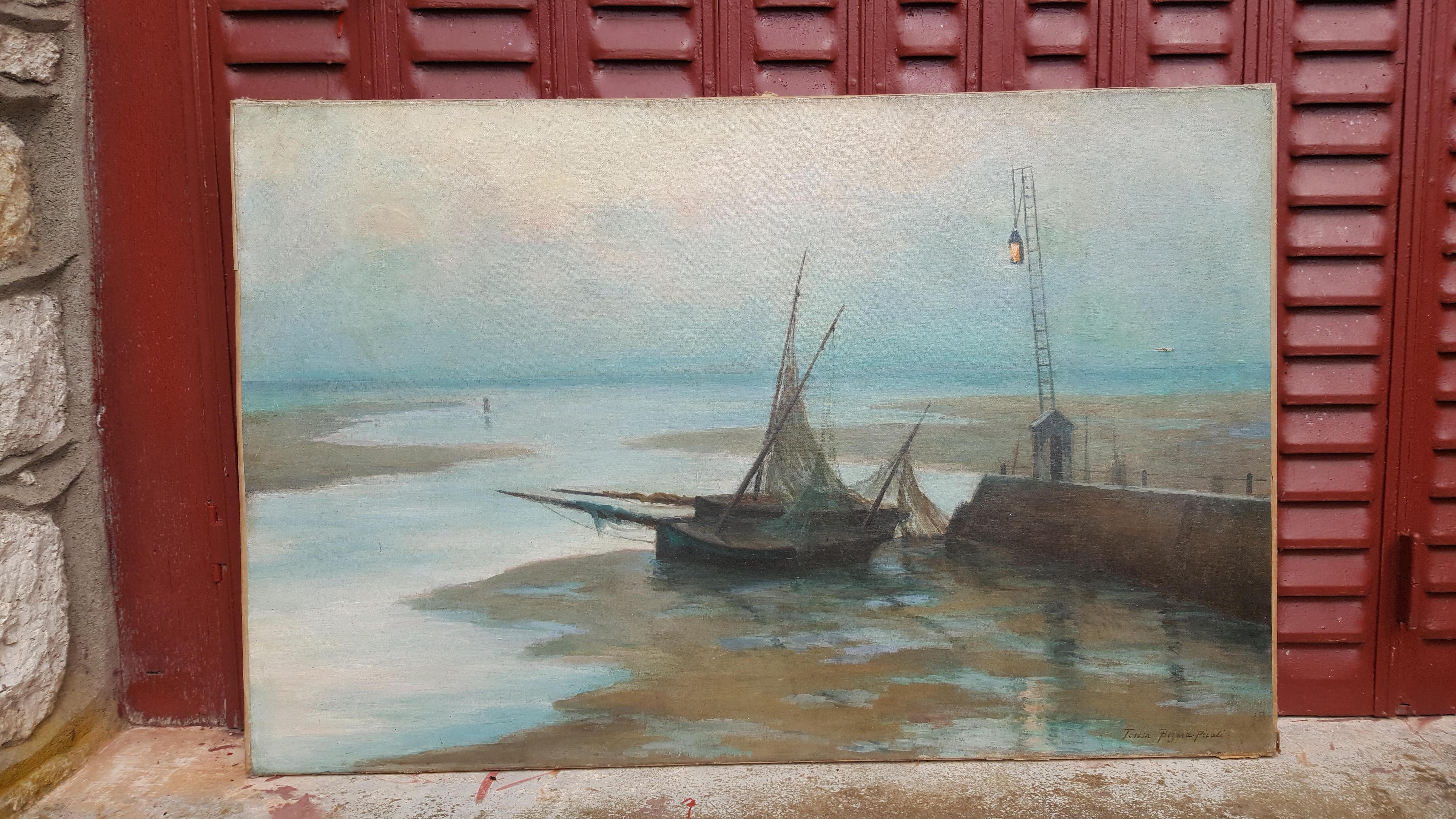 Boats Stranded at Low Tide in Brittany  - Painting by Unknown