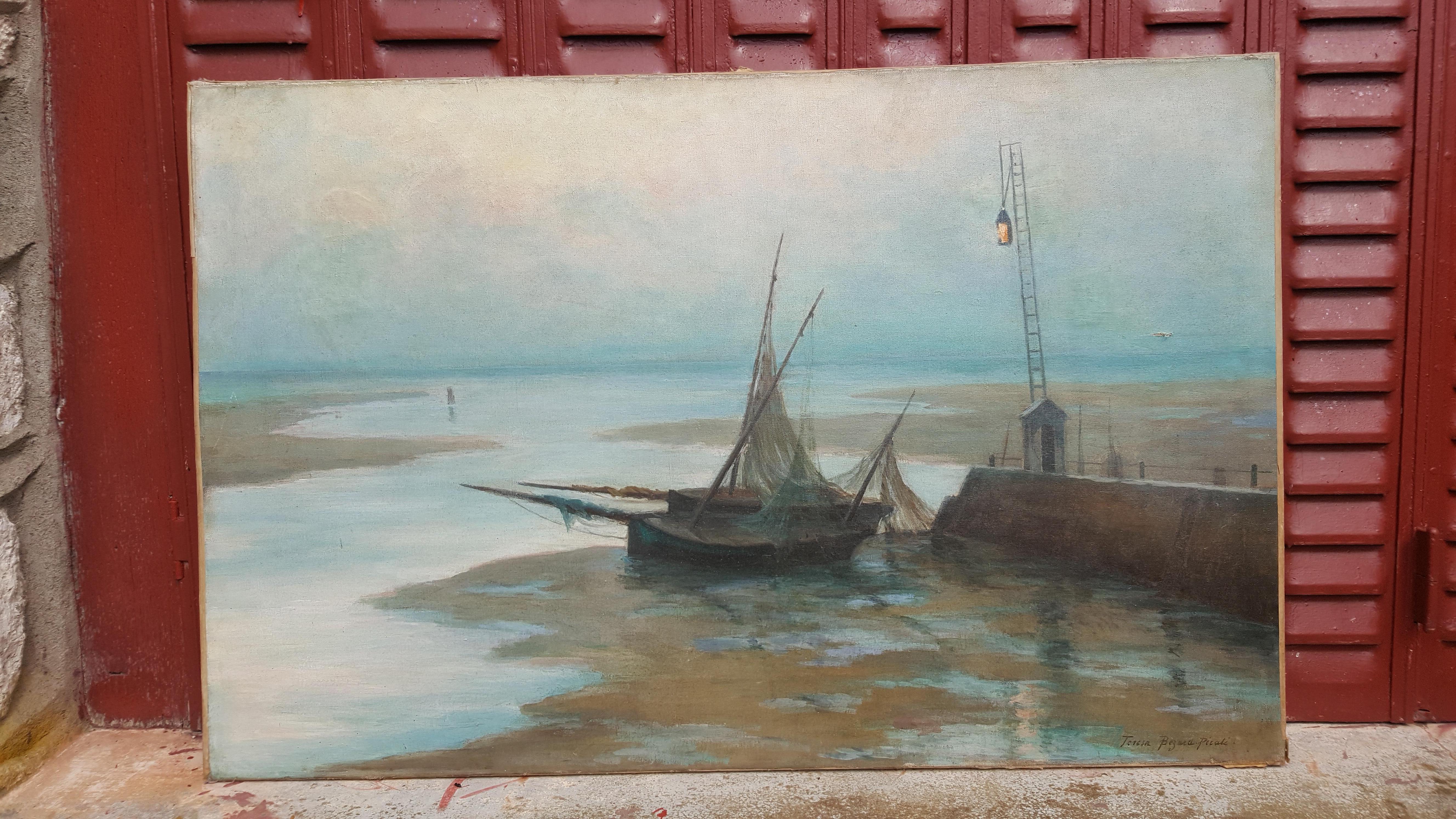 Boats Stranded at Low Tide in Brittany  - Gray Landscape Painting by Unknown