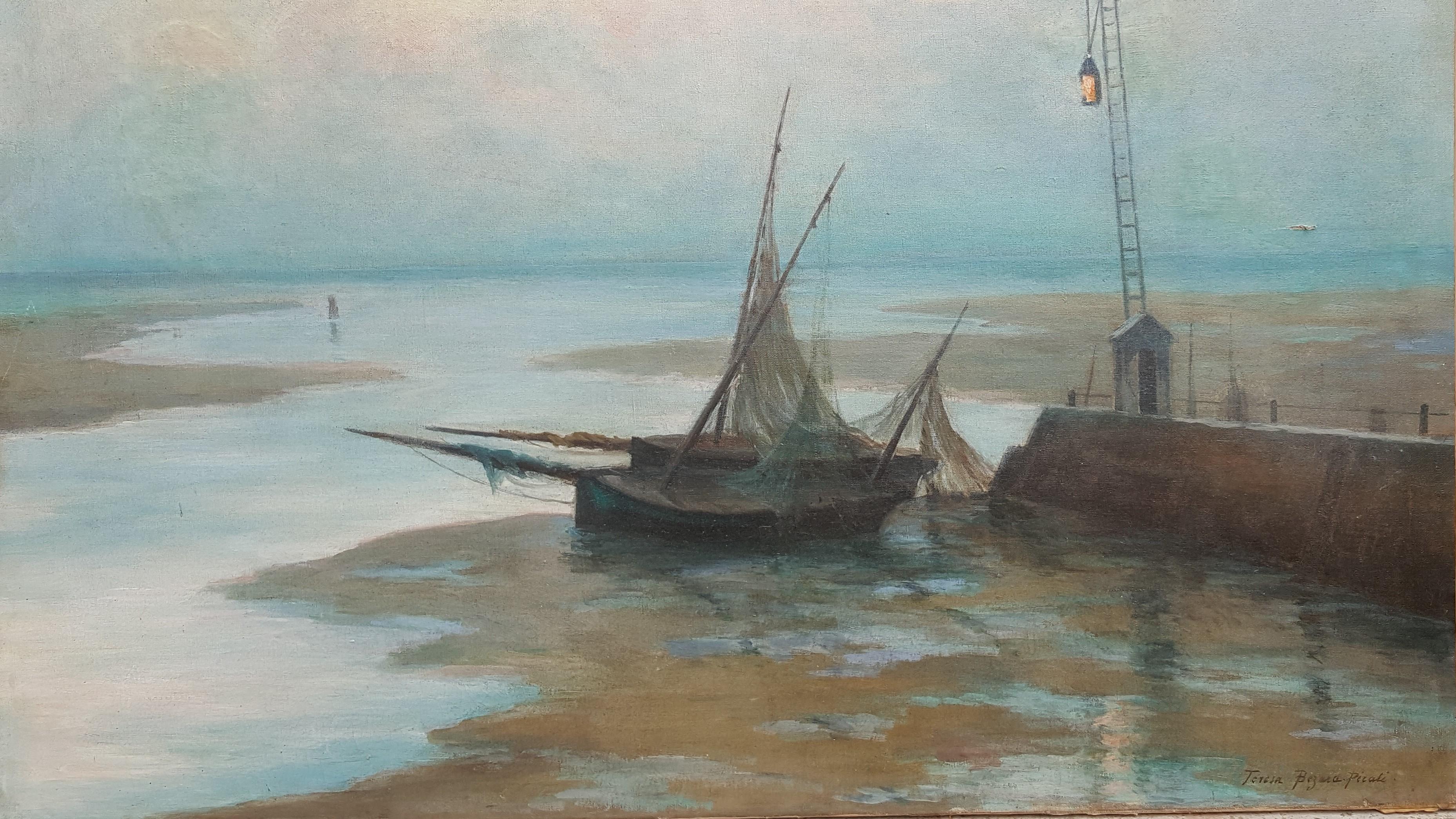 Unknown Landscape Painting - Boats Stranded at Low Tide in Brittany 