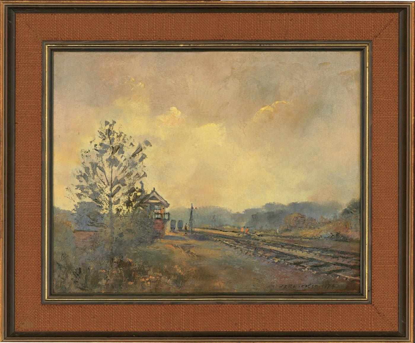 Unknown Figurative Painting - L.S. Rochester - Signed 1974 Oil, Train Tracks Through a Landscape