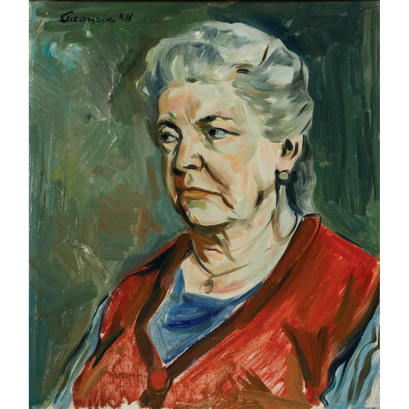 Luc Ancia - 1948 Huile, Portrait d'une dame au châle rouge - Painting de Unknown