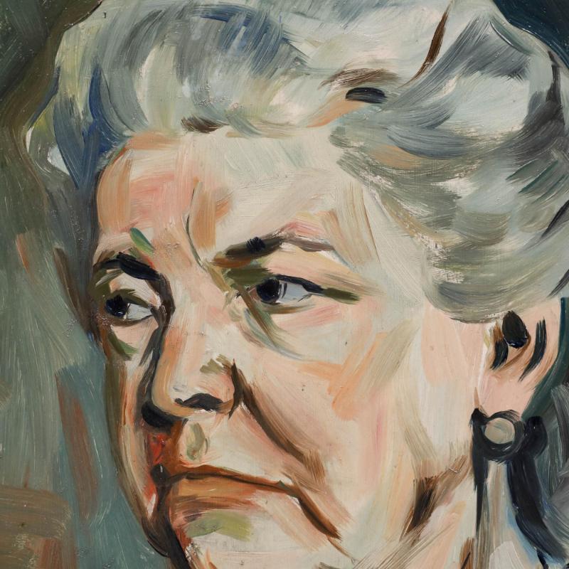 Portrait dynamique d'une femme portant un châle rouge sur fond vert. Capturé en coups de pinceau gestuels, l'artiste apporte un grand sens du mouvement à la scène grâce à son style de peinture expressif. Sign�é et daté dans le coin supérieur gauche.