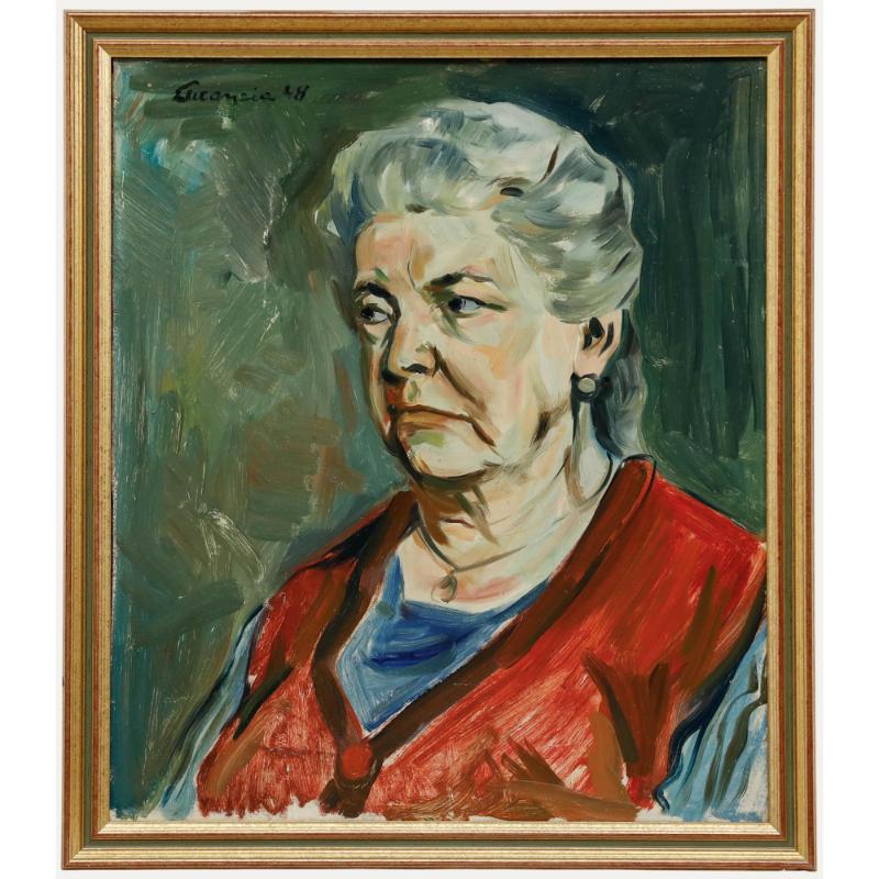 Luc Ancia - 1948 Öl, Porträt einer Dame mit rotem Schal