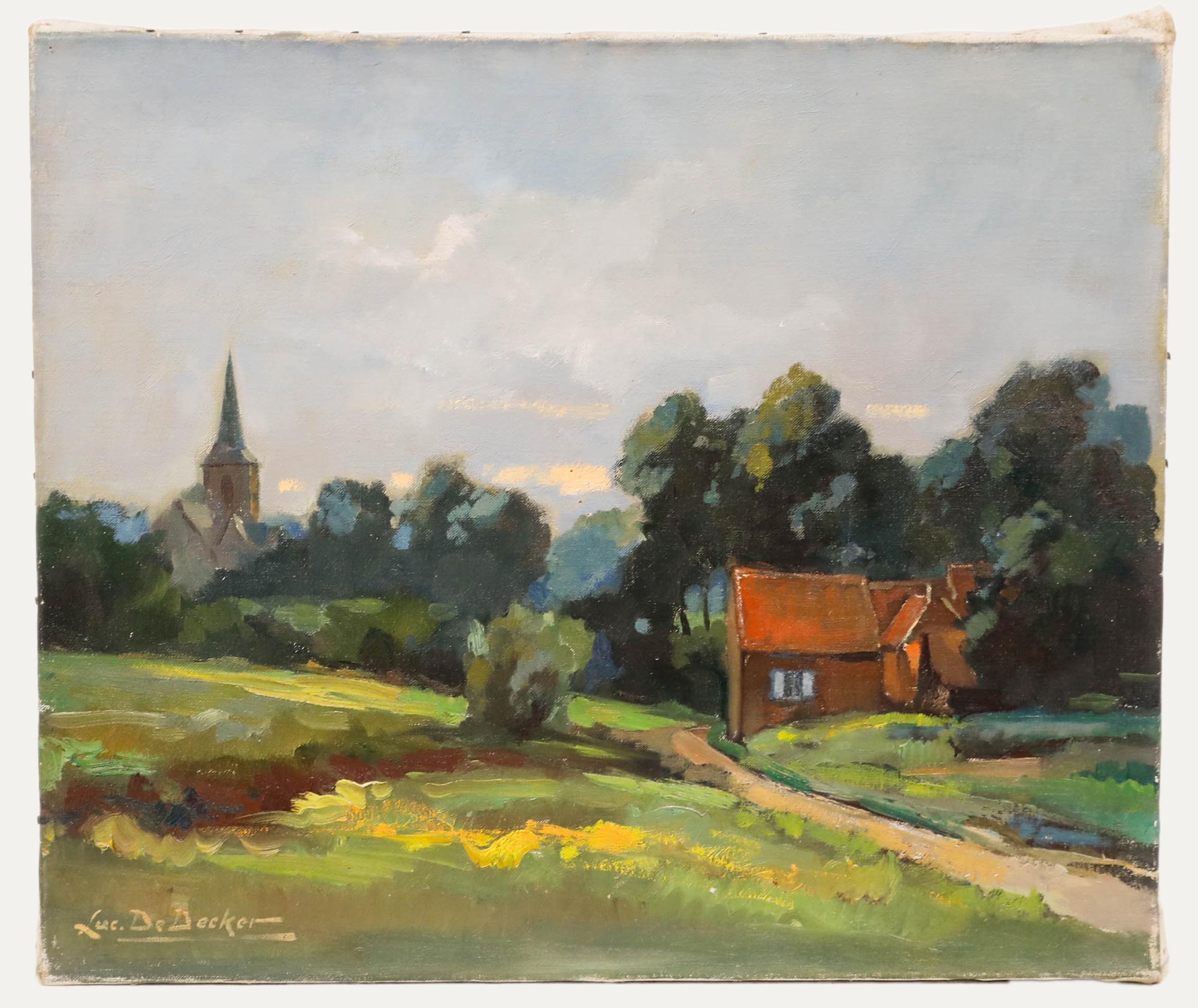 Luc De Decker (1907-1982) – Ölgemälde, Kirche im Landhausstil, Öl, Mitte des 20. Jahrhunderts