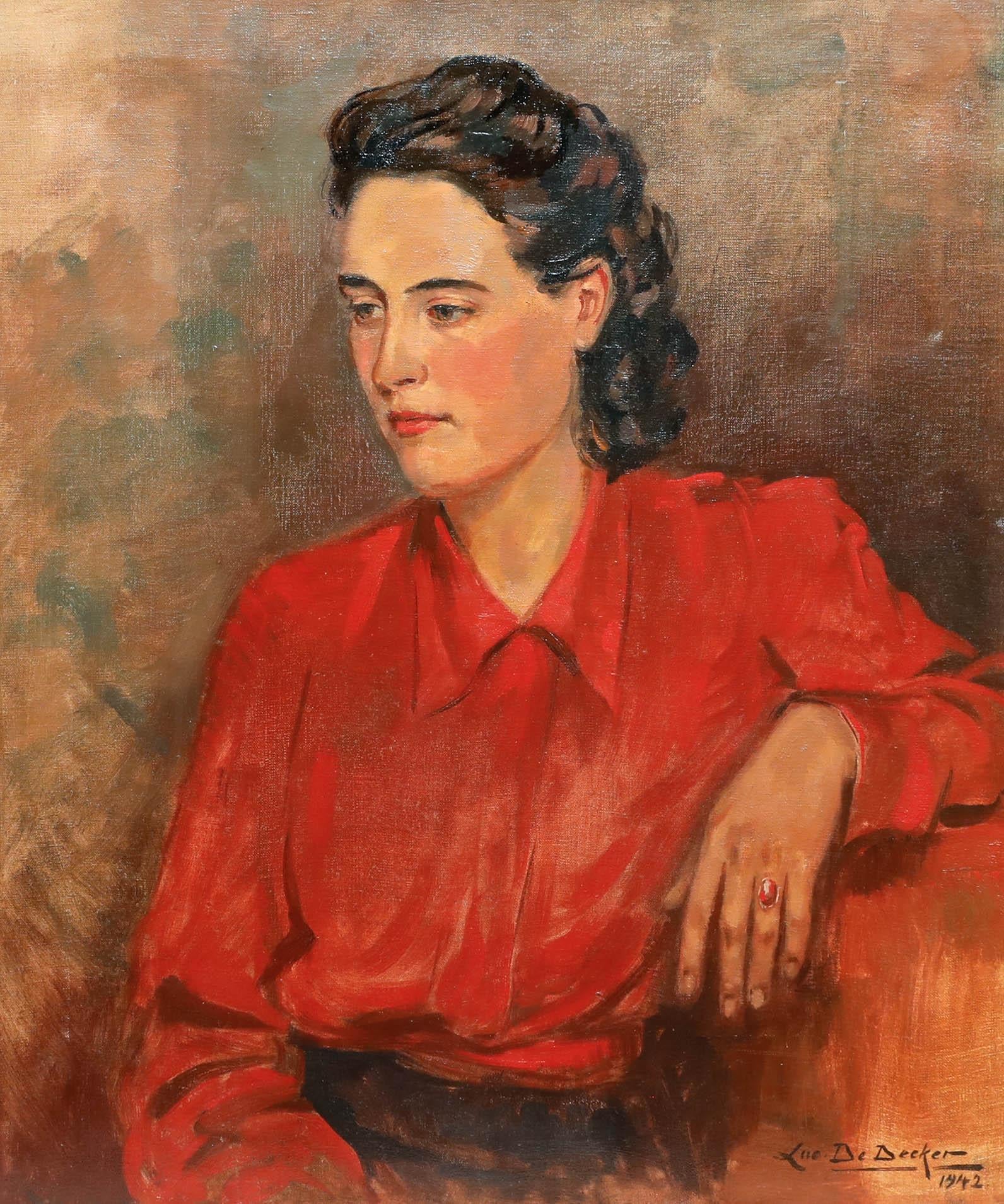 Luc de Decker (1907-1982) - Huile du milieu du 20e siècle, Dame au chemisier rouge - Painting de Unknown