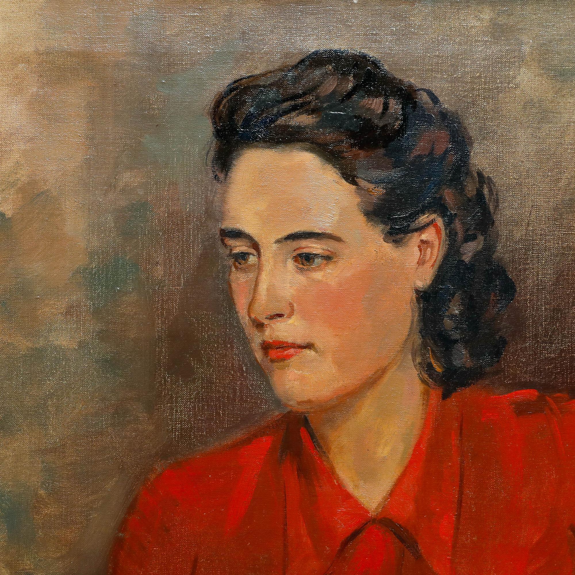 Ce portrait saisissant représente une jeune femme vêtue d'un chemisier d'un rouge éclatant, posée sur un arrière-plan texturé et discret. L'utilisation habile de la lumière et de l'ombre par l'artiste donne de la profondeur aux traits du sujet,