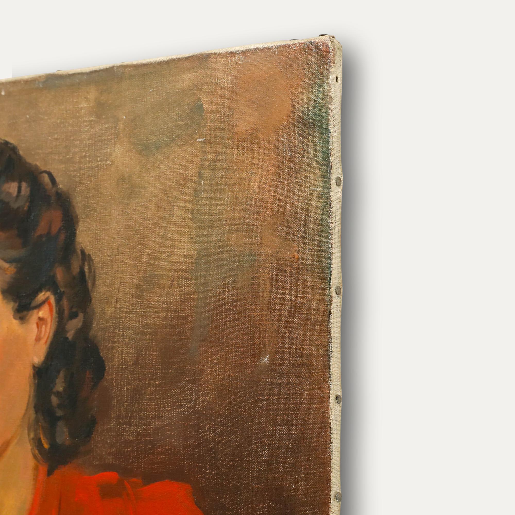 Luc de Decker (1907-1982) - Huile du milieu du 20e siècle, Dame au chemisier rouge en vente 1