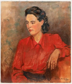 Luc de Decker (1907-1982) - Huile du milieu du 20e siècle, Dame au chemisier rouge