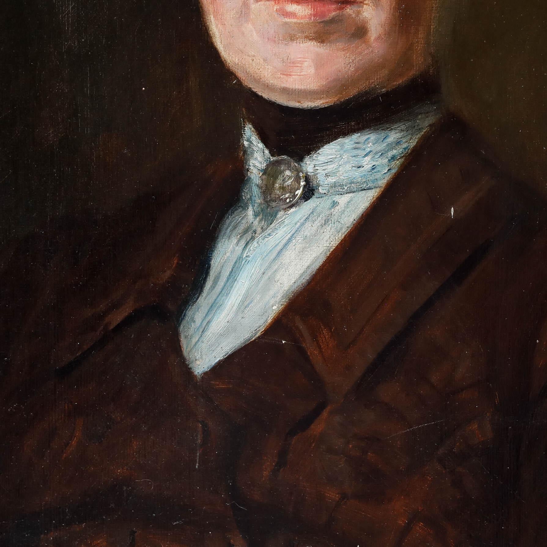 Portrait saisissant et finement exécuté d'une dame vêtue d'une élégante tenue de l'époque d'Eleg, avec un délicat chemisier en dentelle et une broche ornée. Le pinceau doux de l'artiste et le traitement subtil de la lumière et des tons confèrent à