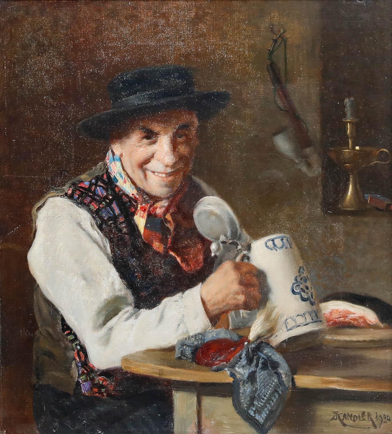Ludwig Kandler (1856-1927) - Olio del 1924 incorniciato, Bevitore con il gilè jazzato - Painting di Unknown