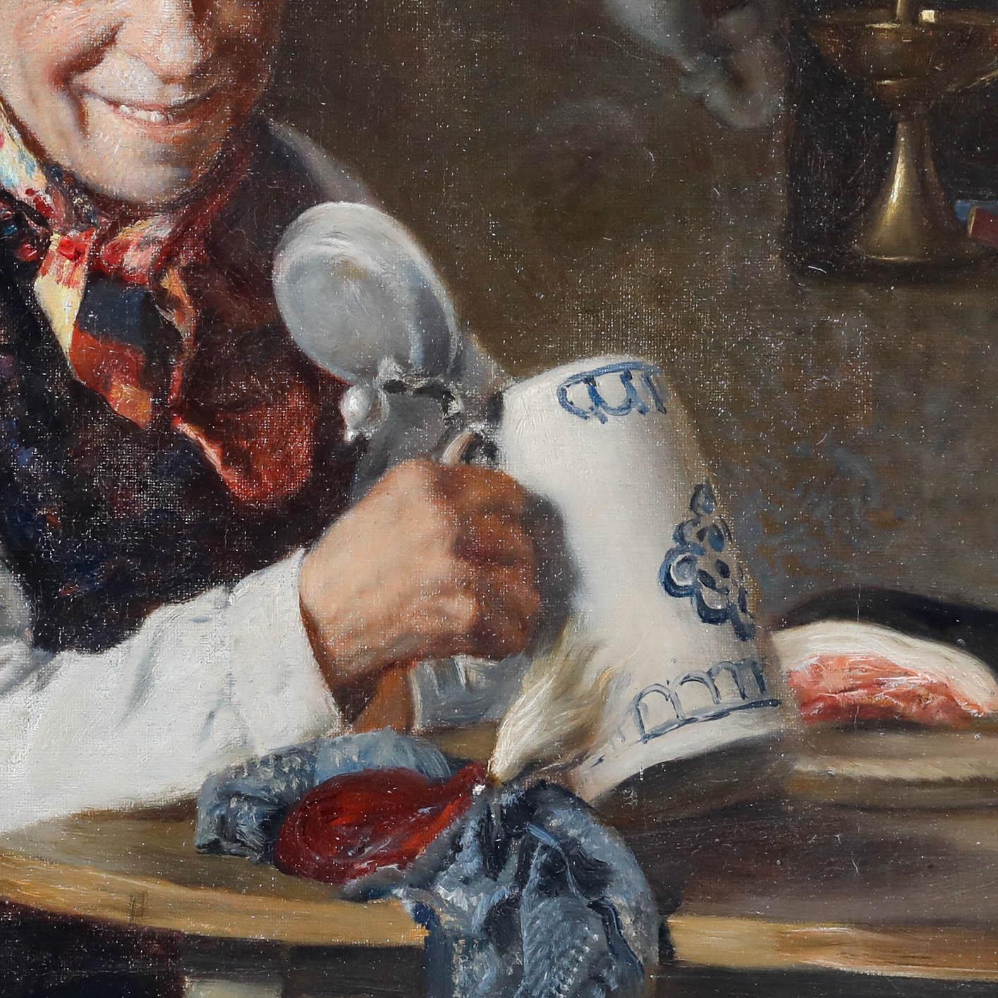 Un affascinante ritratto a olio dell'artista tedesco Ludwig Kandler (1856-1927), che raffigura un allegro bevitore da taverna, vestito con il suo miglior panciotto e fazzoletto da collo, che si gode un boccale di birra. Ben presentato in una cornice