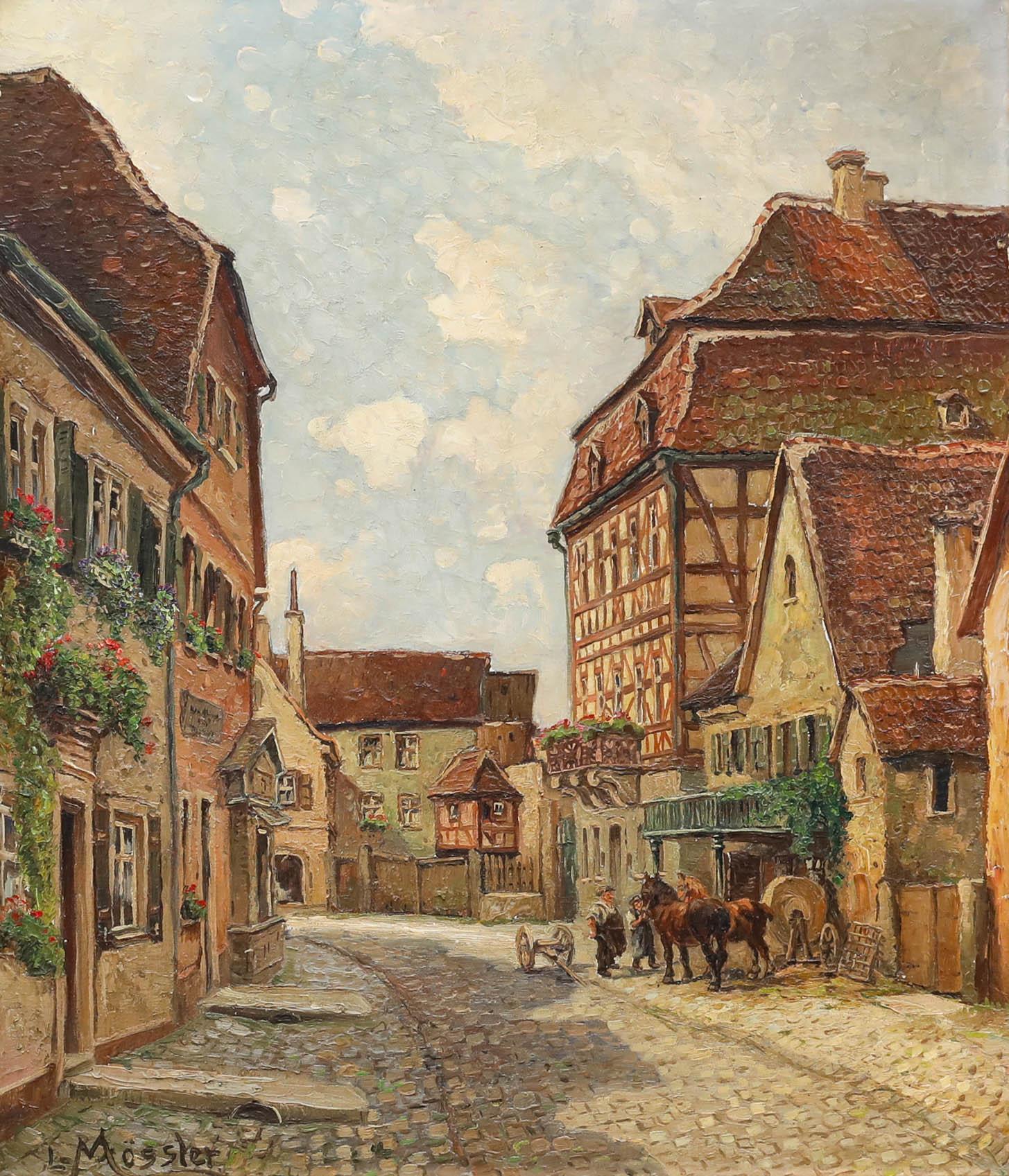 Ludwig Mössler - Framed 20th Century Oil, German Townscape with Horses - Painting by Unknown