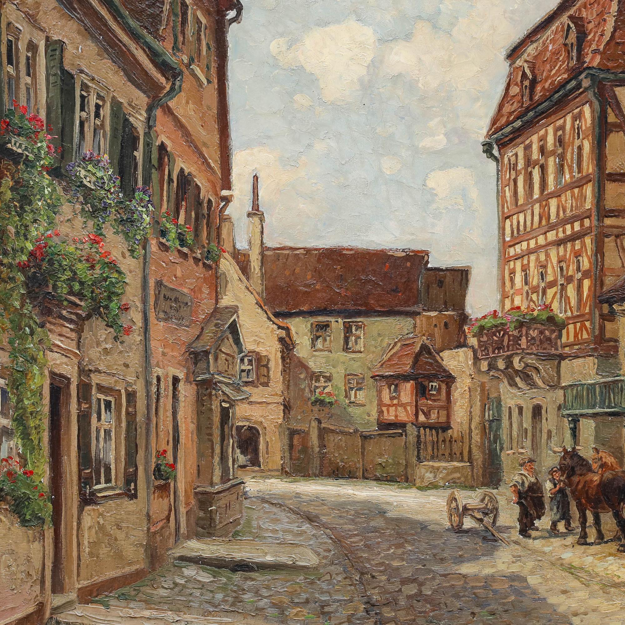 This charming oil painting depicts a cobblestone street in Germany with traditional half-timbered houses dressed with flowering window baskets. The artist employs a warm palette and a careful hand to capture architectural details and the quiet