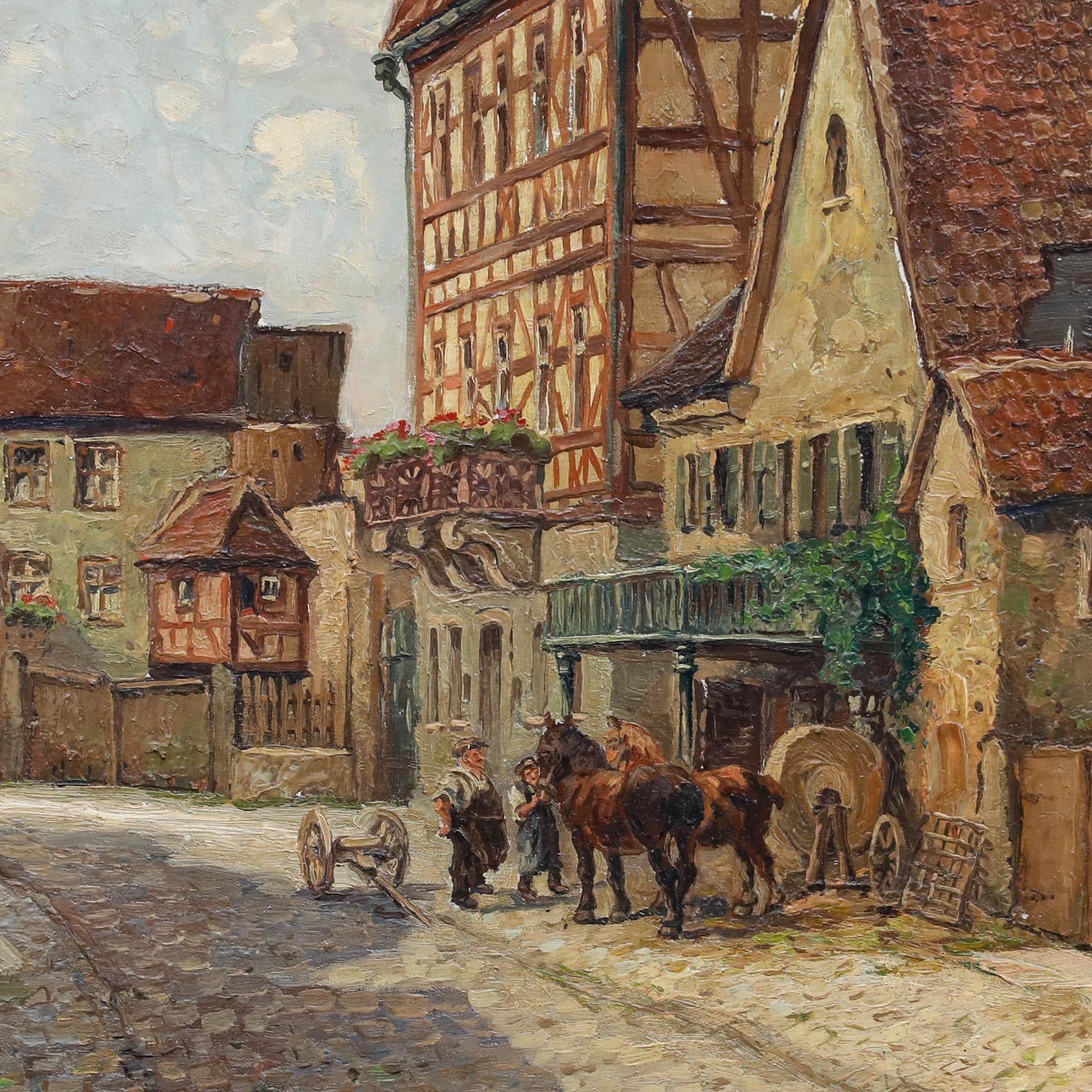 Ludwig Mössler - Framed 20th Century Oil, German Townscape with Horses For Sale 1