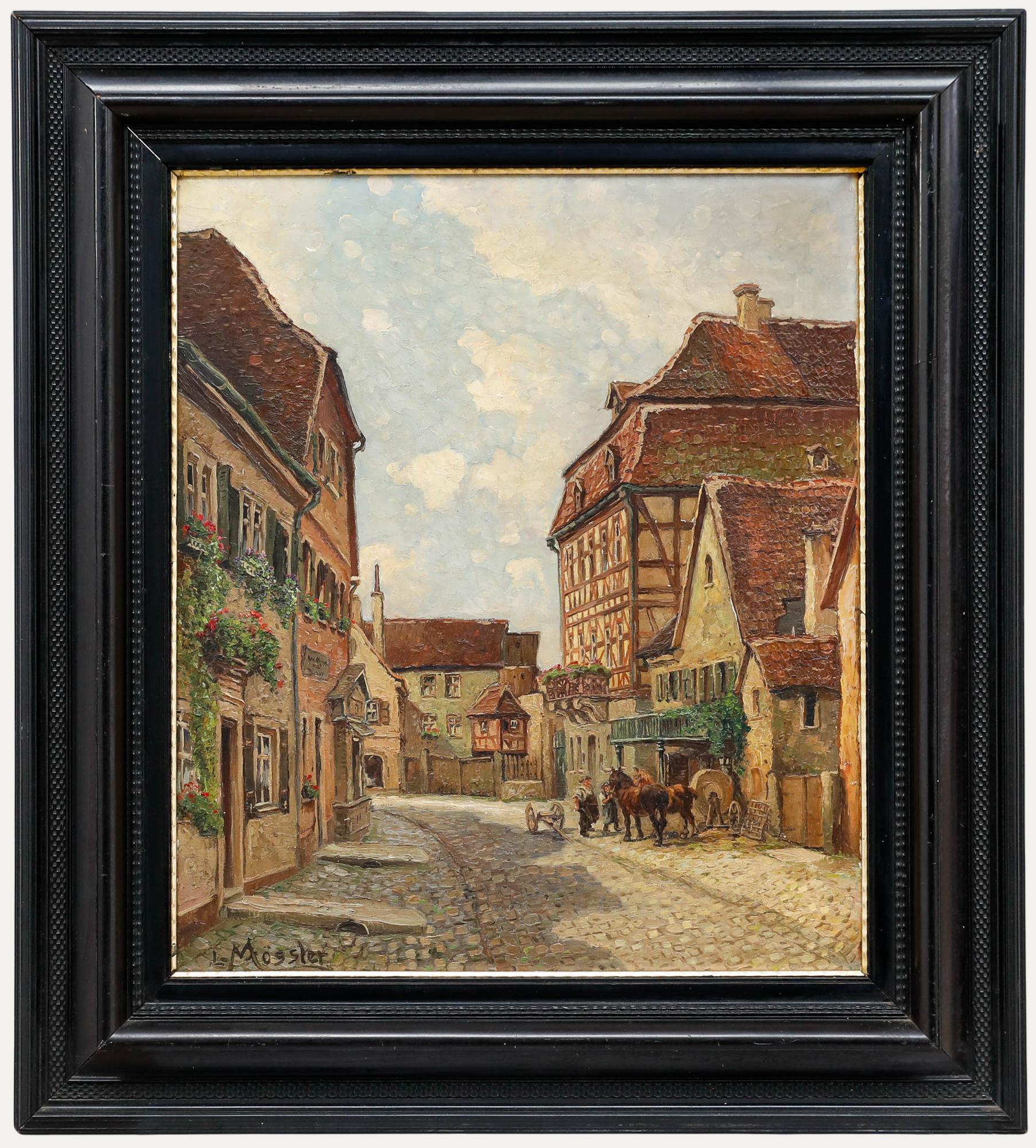 Unknown Landscape Painting - Ludwig Mössler - Framed 20th Century Oil, German Townscape with Horses