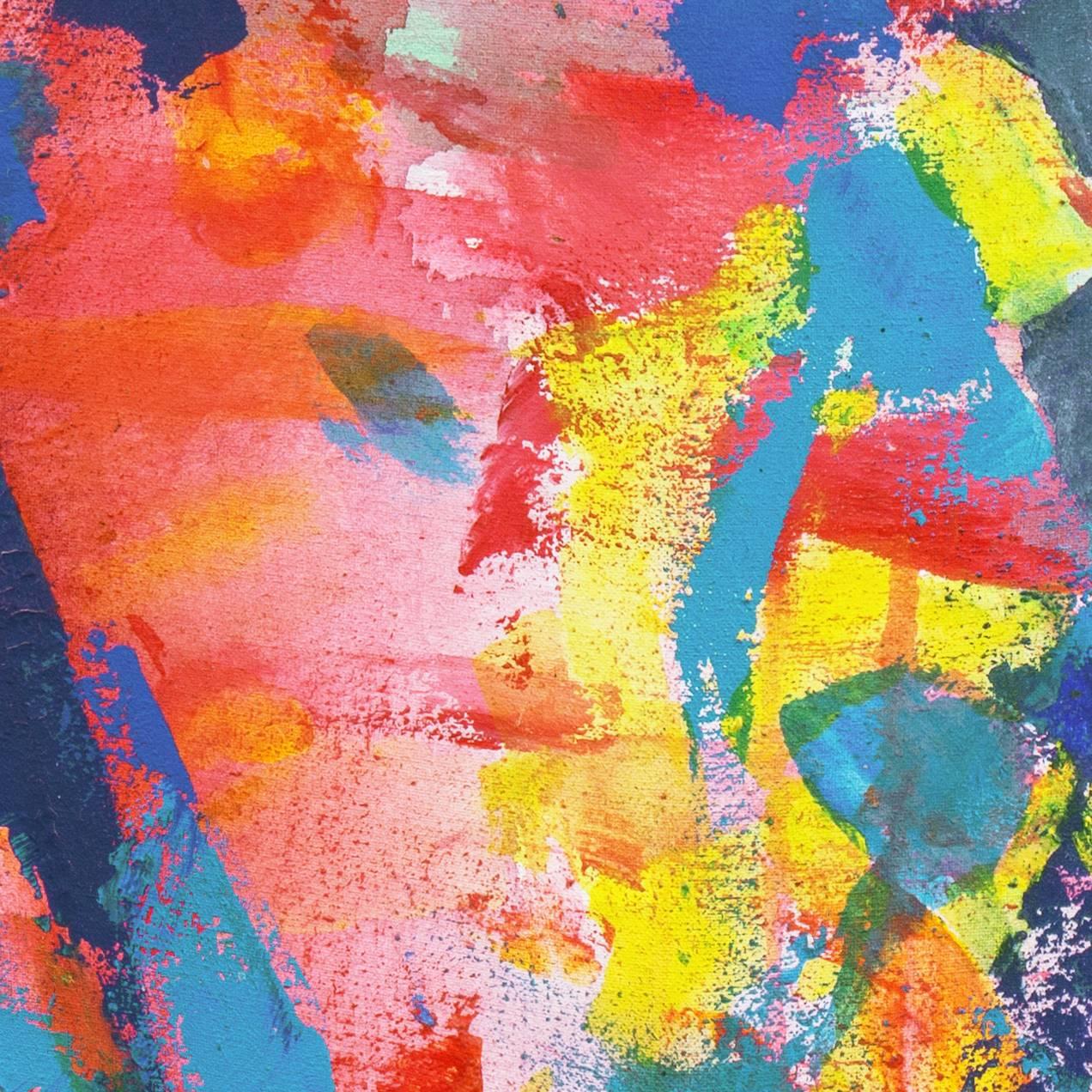 Signed lower right, 'Aziza' with monogram and dated 1990.

A fresh and vibrant oil abstract juxtaposing adjacent and overlaid organic forms in cerulean, crimson and yellow applied with painterly and intuitive brushwork . 