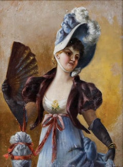 M. Blondeau - Anfang 20. Jahrhundert Öl, Elegante Frau mit Fächer