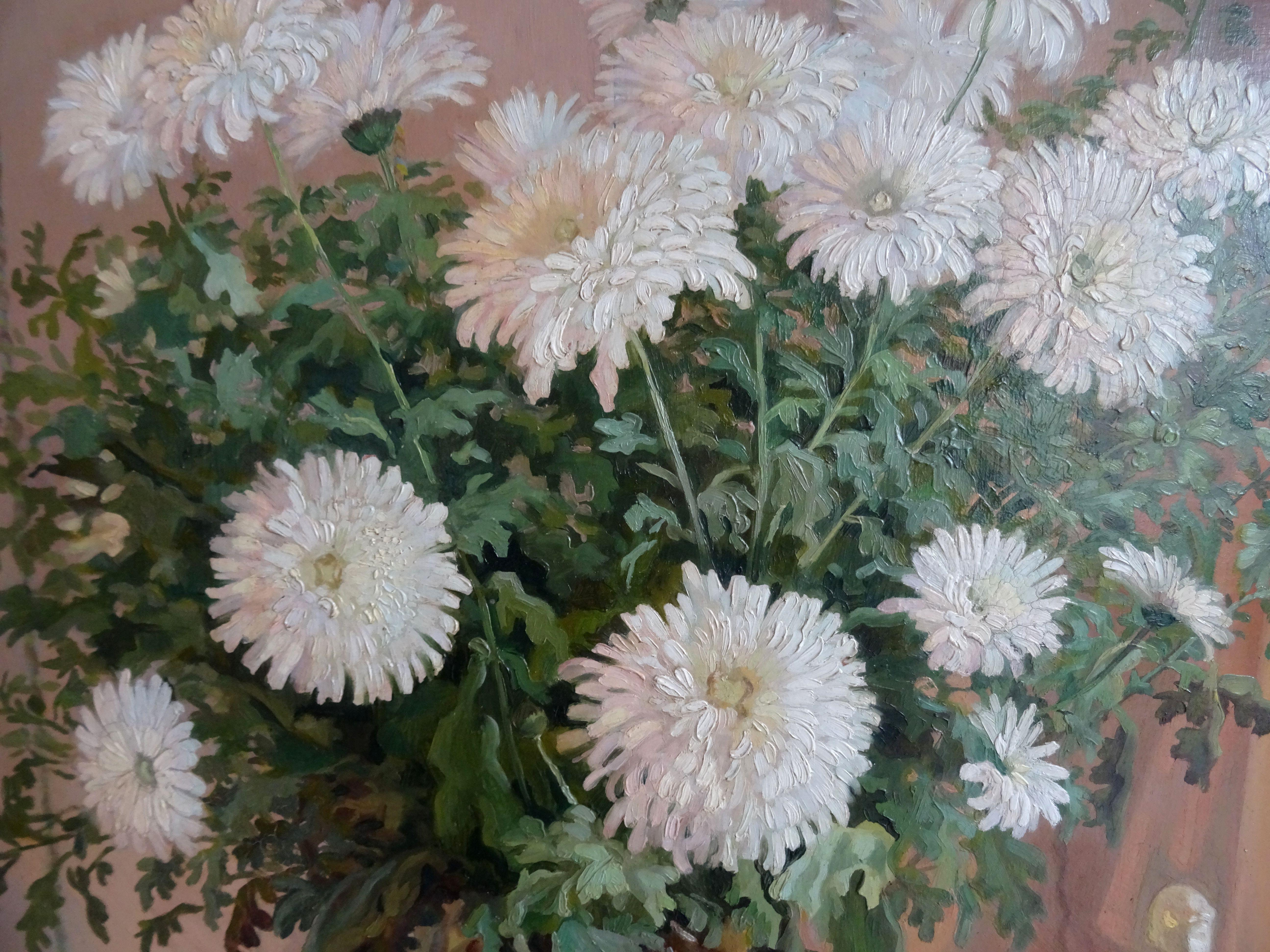 M. Dor - Chrysanthèmes. Huile sur carton, 76x70 cm - Painting de Unknown